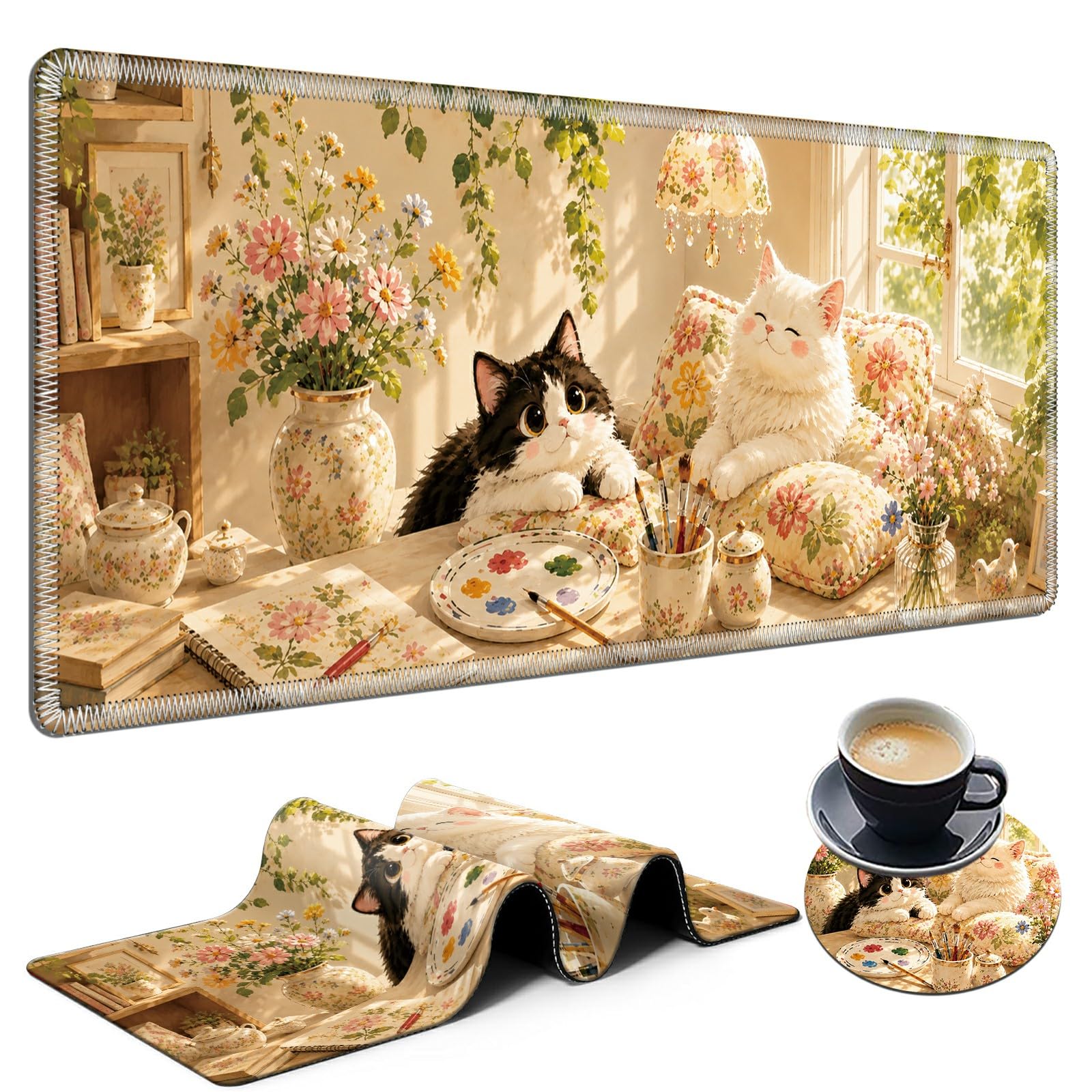 Floral Art Cats Large Mouse Pad, 31.5 x 11.8 in Extended Desk Mat