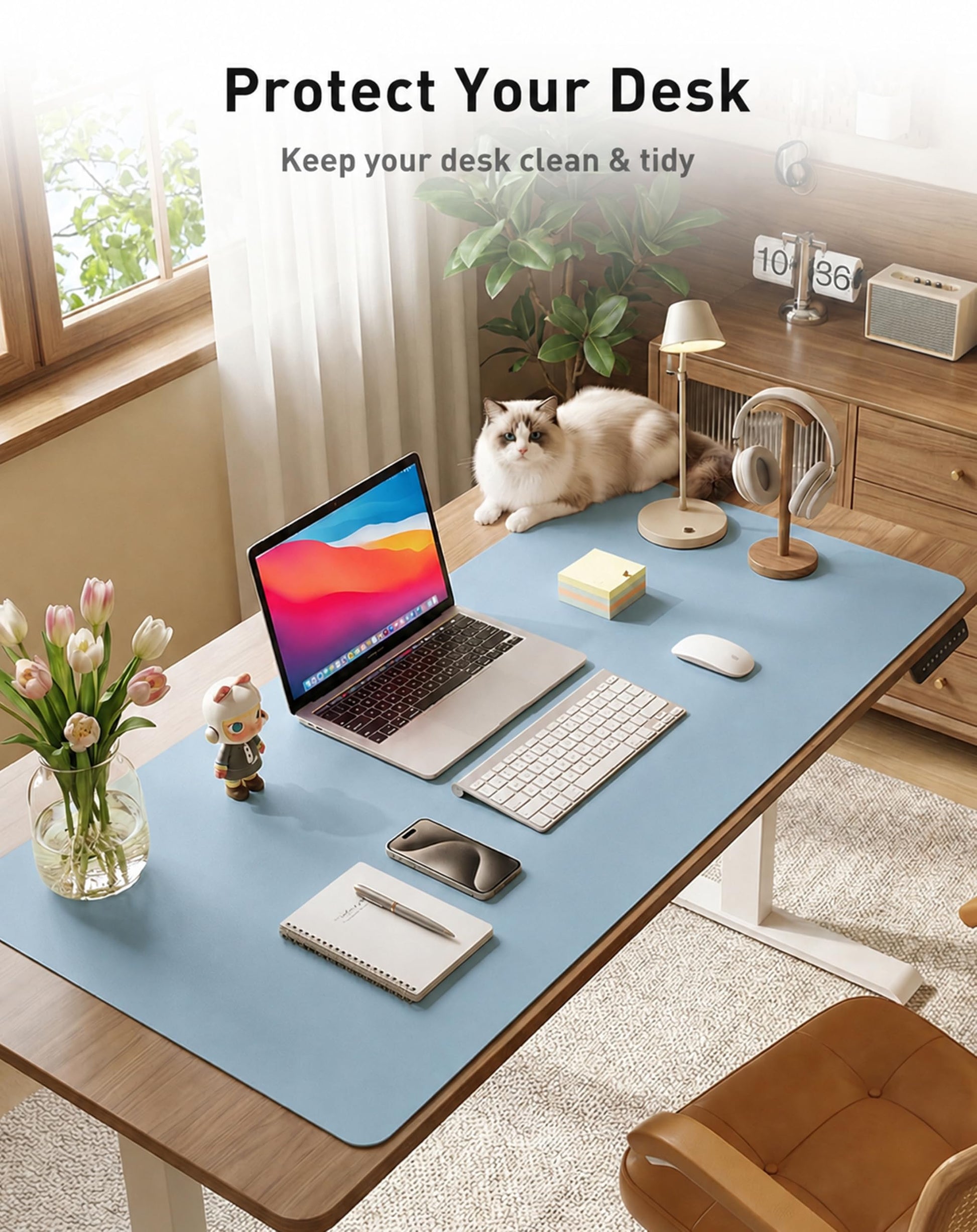 Aothia Faux Leather Desk Mat for Keyboard & Mouse (Sky Blue, 48" x 17")