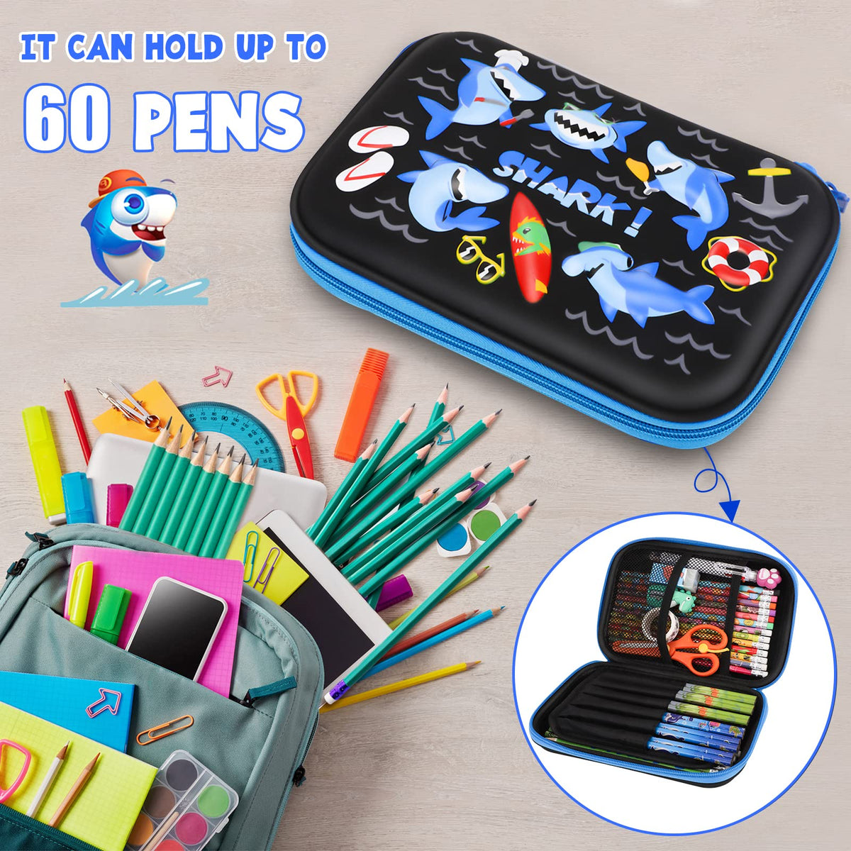 homicozy Pencil Case for Boys,Cool Shark Stationery Set for Kids,3D EVA School Pencil Box Organizer