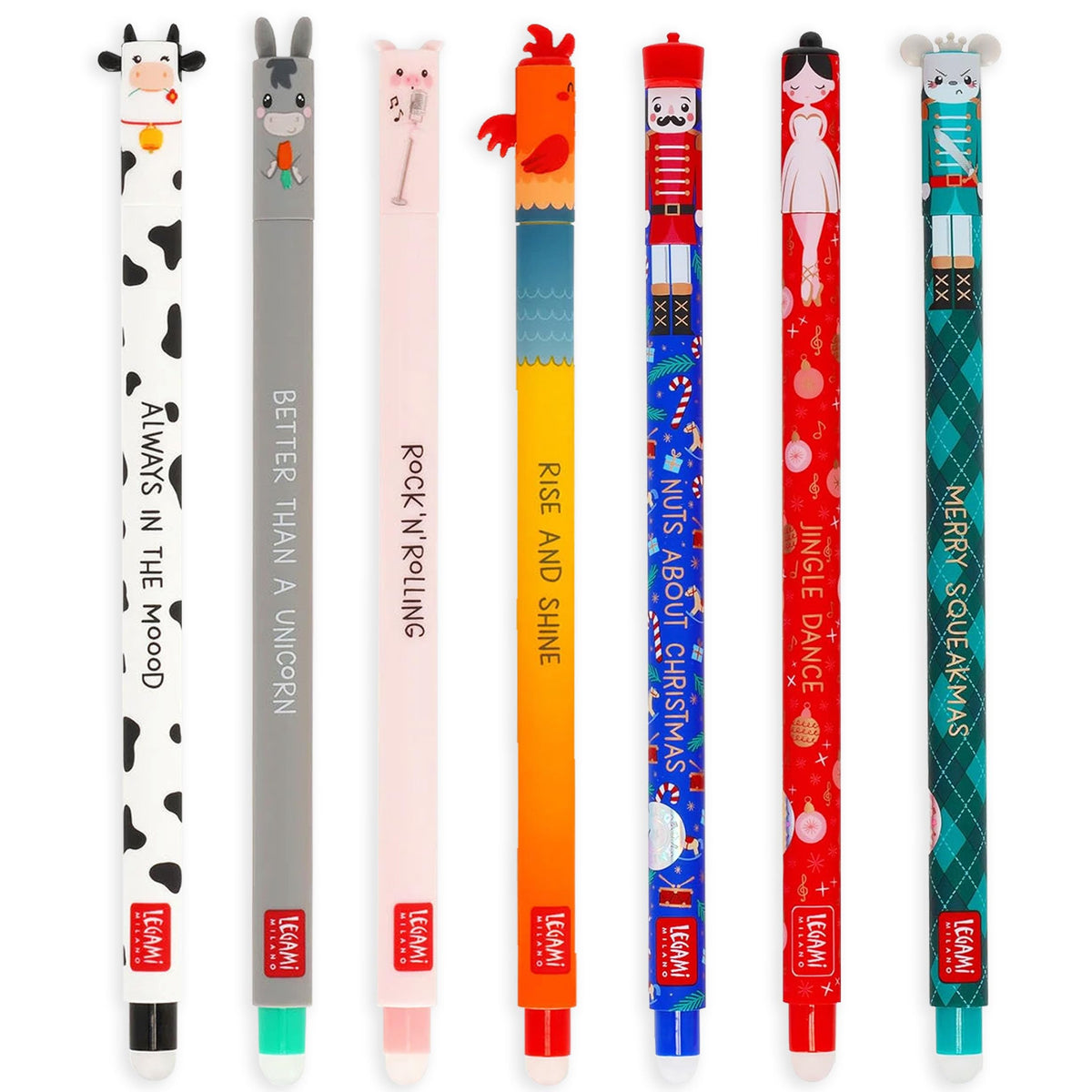 Legami Set of 7 Farmyard and Nutcracker Gel Pens, Pens with Erasable Thermosensitive Ink, Range of