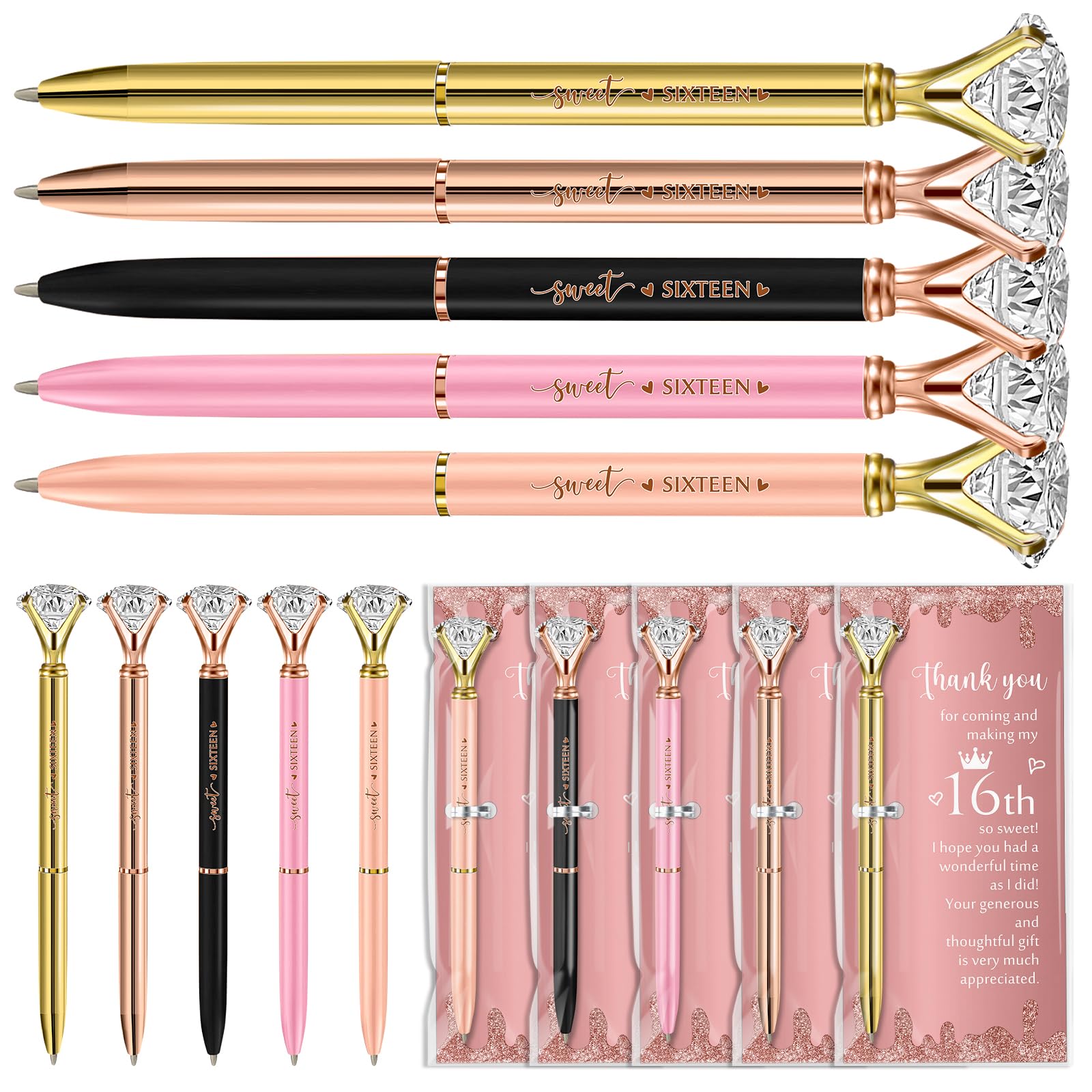 Feifeiya 25 Sets Sweet 16th Party Favors Pens with Thank You Cards, Diamond