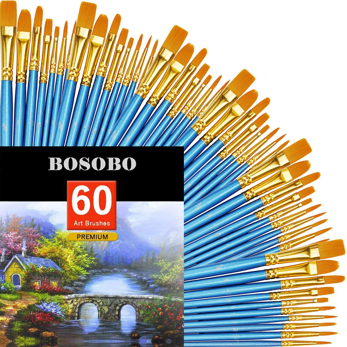 BOSOBO Paint Brush Sets, 6 Pack 60 Pcs Pointed-Round Tip Paintbrushes Nylon Hair Artist Acrylic