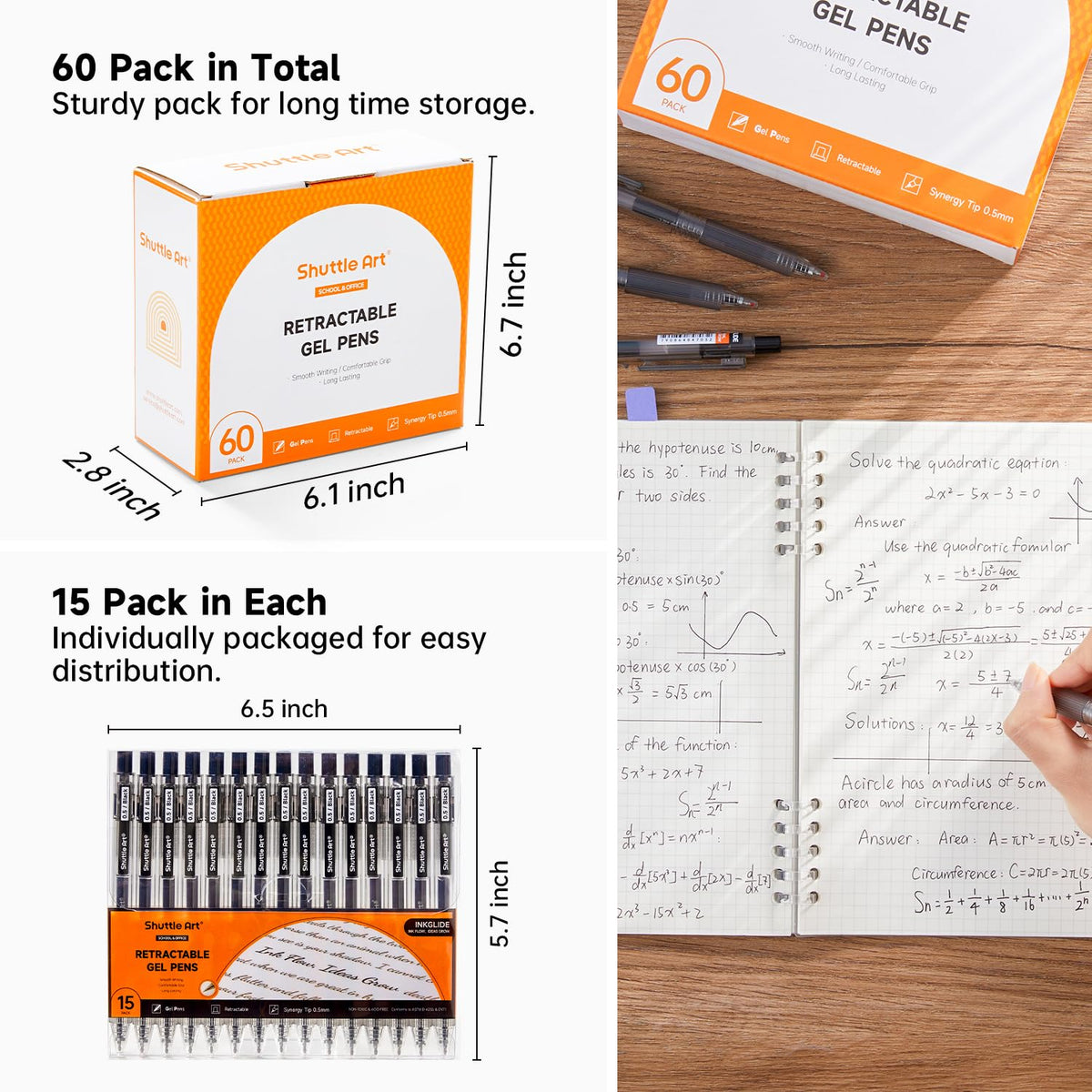 Shuttle Art Black Gel Pens, Ink Glide Series 60 Pack Retractable 0.5mm Fine Point Rollerball Gel