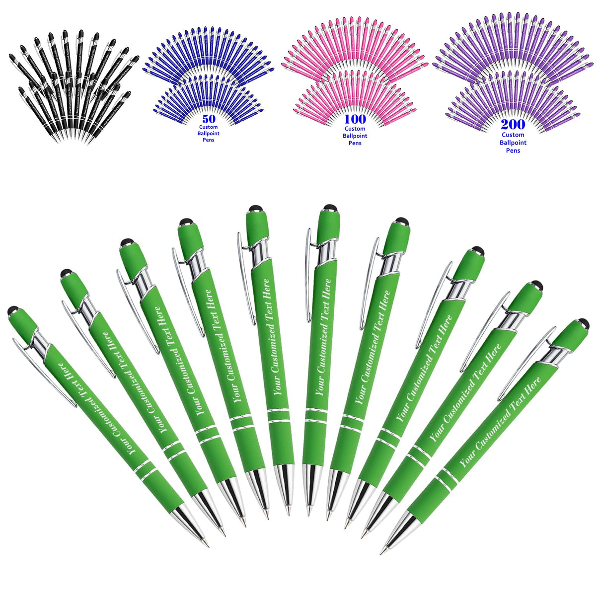 10 Pcs Personalized Pens in Bulk with Stylus Tip - Custom Print with Name 0.5 mm Soft Touch Medium