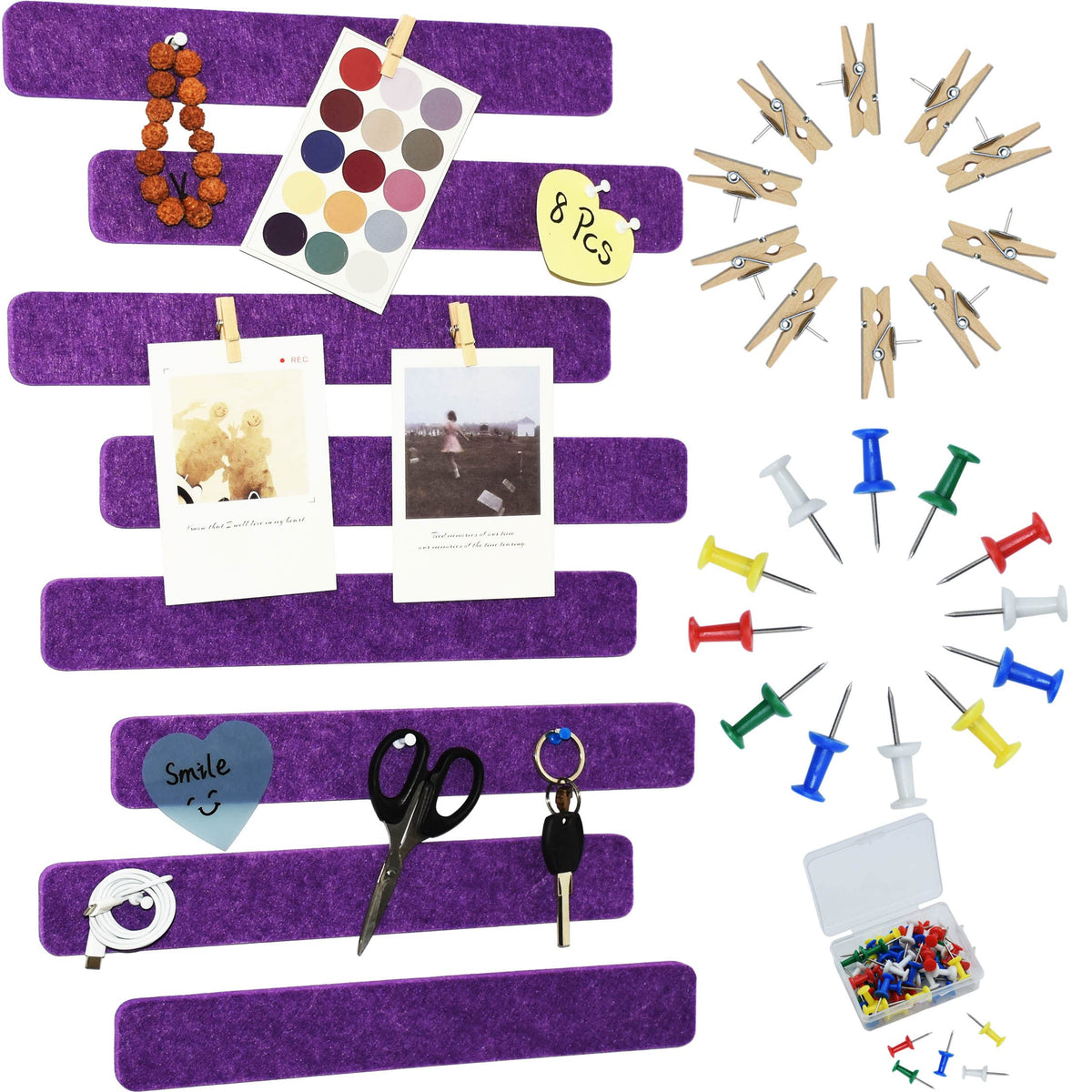 YOUDEFUL 8Pcs Bulletin Board Strips, Purple Felt Pin Board Bar Strips with 50 Pushpins