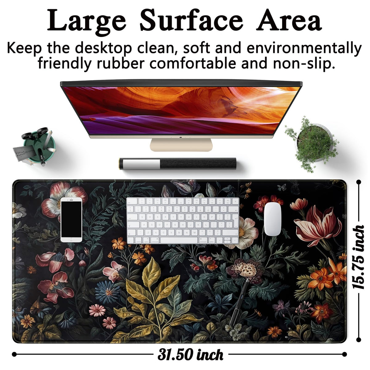 Floral Desk Mat Dark Vintage Aesthetic Desk Pad Flower Plant Black Extended Mouse Pad Large Gaming