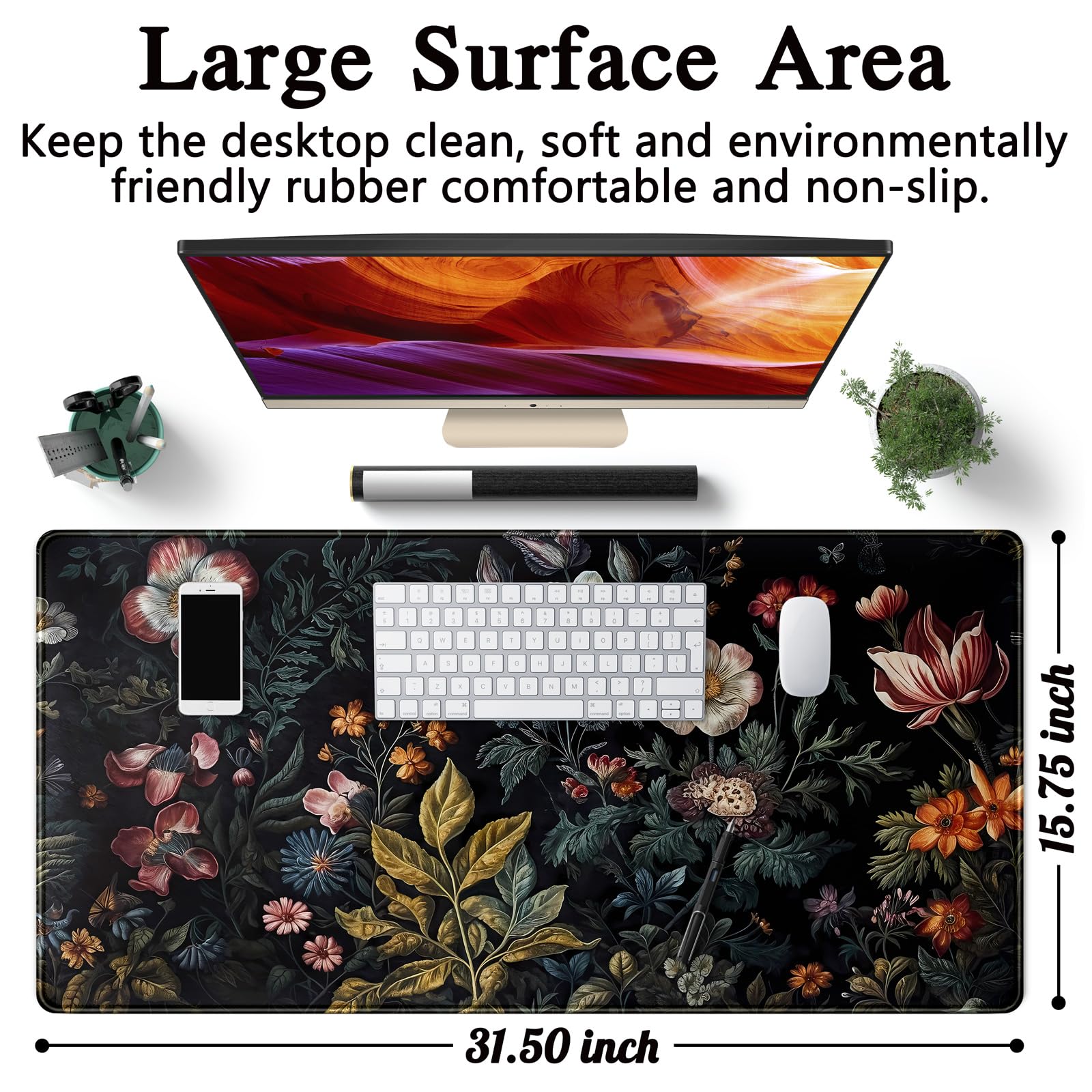 Floral Desk Mat Dark Vintage Aesthetic Desk Pad Flower Plant Black Extended Mouse Pad Large Gaming