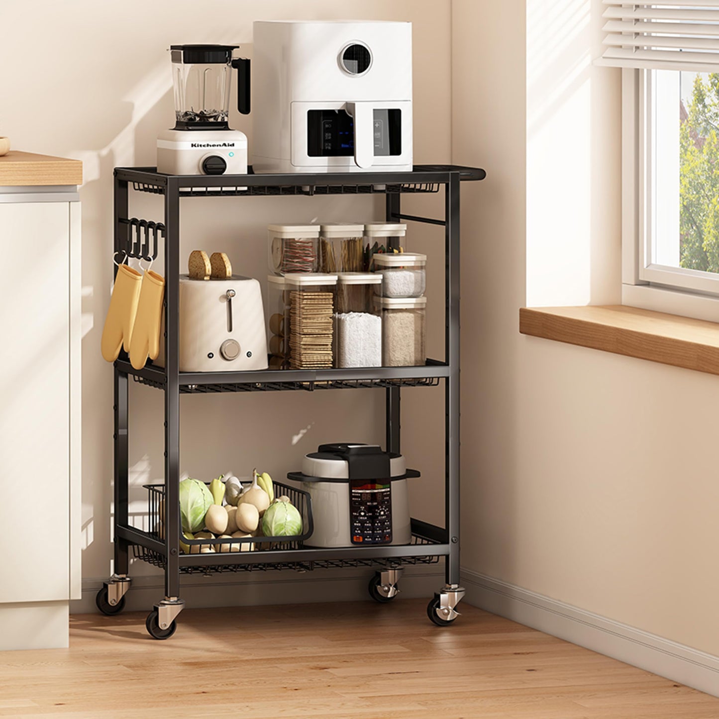 3-Tier Rolling Cart, Space-Saving Kitchen Cart with 150Lbs Capacity, Black Storage Cart with 2