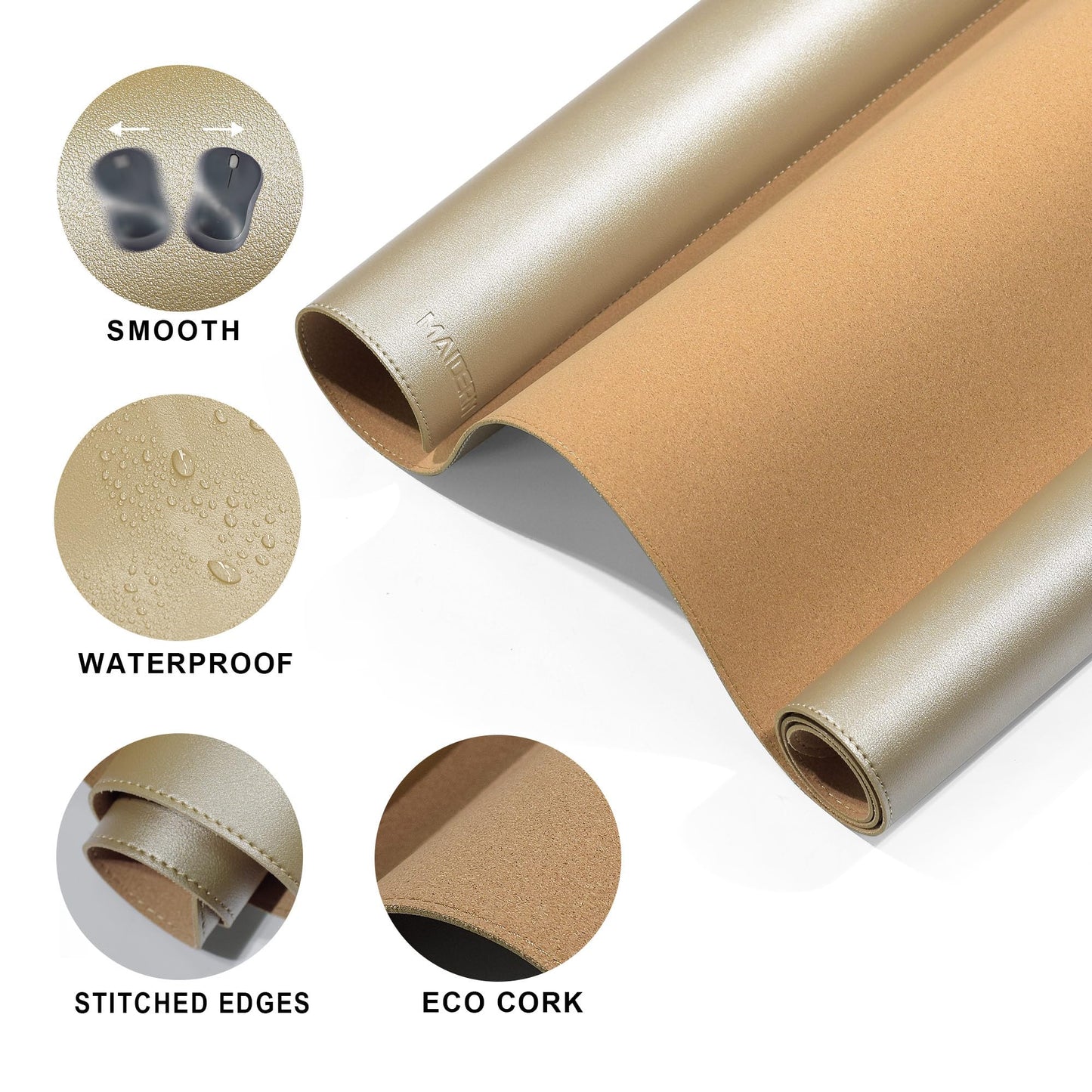 MAIDERN 40” x 24” Cork & Leather Desk Mat XL, Large Desk Pad (Golden)