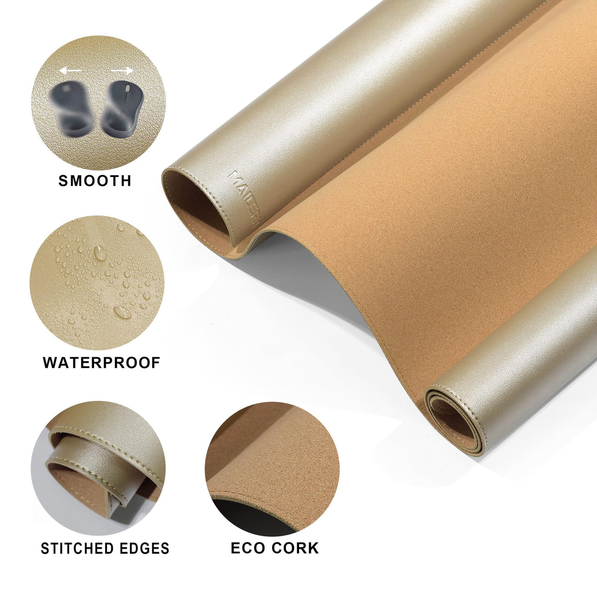 MAIDERN 40” x 24” Cork & Leather Desk Mat XL, Large Desk Pad (Golden)