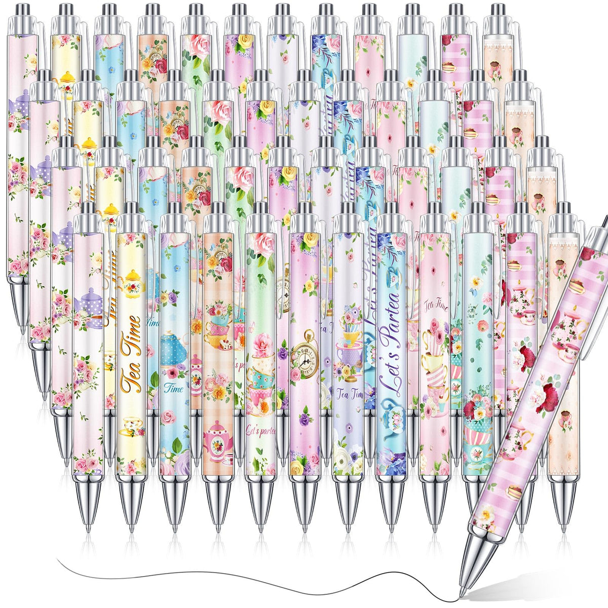 Cholemy 48 Pcs Floral Tea Party Favors Tea Party Ink Pens Vintage Teapot Pens Bulk Fancy
