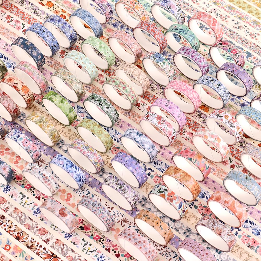icceemee 60 Rolls Flowers Theme Washi Tape Set with Different Colorful Patterns, Writable