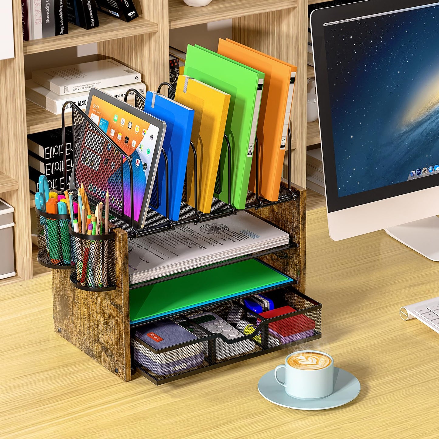 DAOUTIME 4-Tier Mesh Desk Organizer, Wooden Desk File Organizer with 5 Vertical File Holders and 2