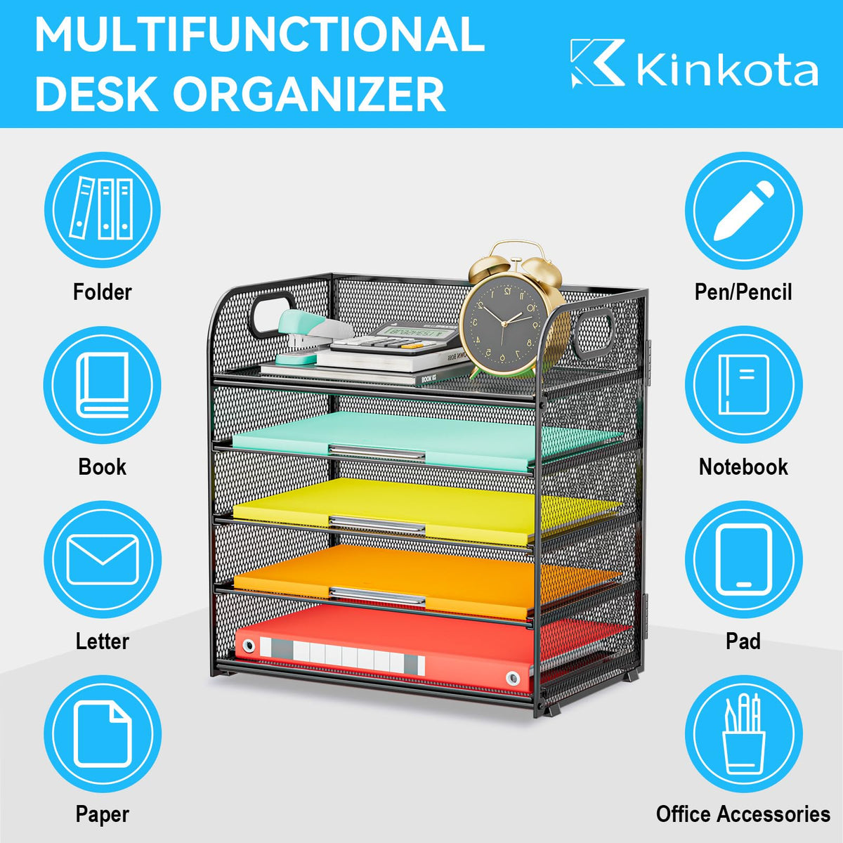 Kinkota Paper Organizer Letter Tray with Handle, 5-Tier Black