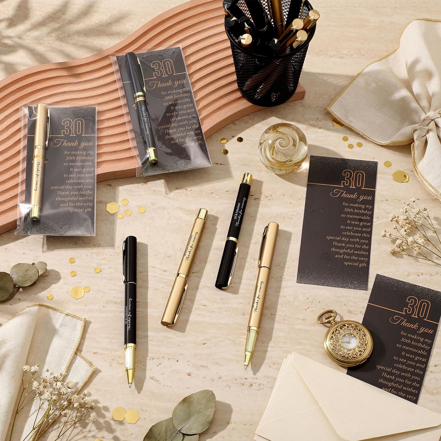 Feifeiya 30 Set 30th Birthday Favors with Black Gold Pens Cards