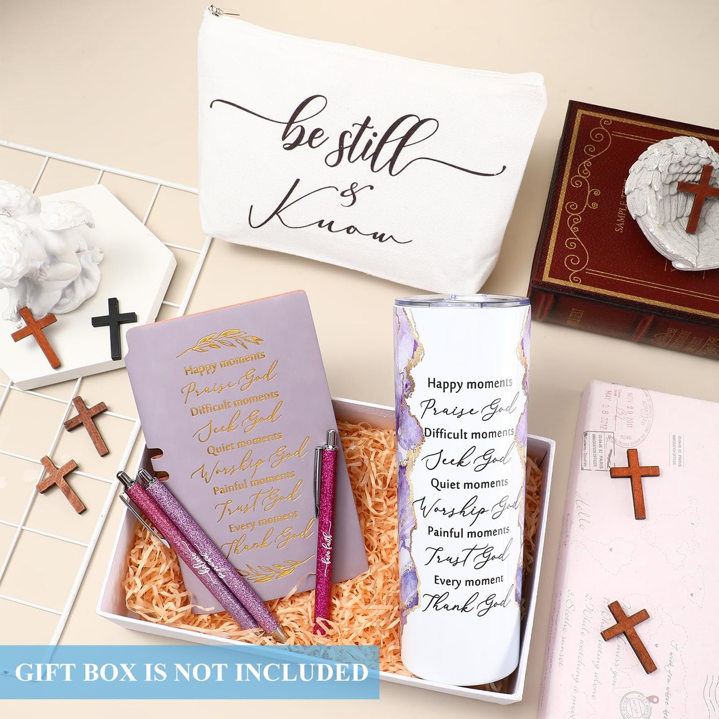 Domensi 6 Pcs Christian Gifts Set, 20 oz Tumbler Notepad Pens, Purple