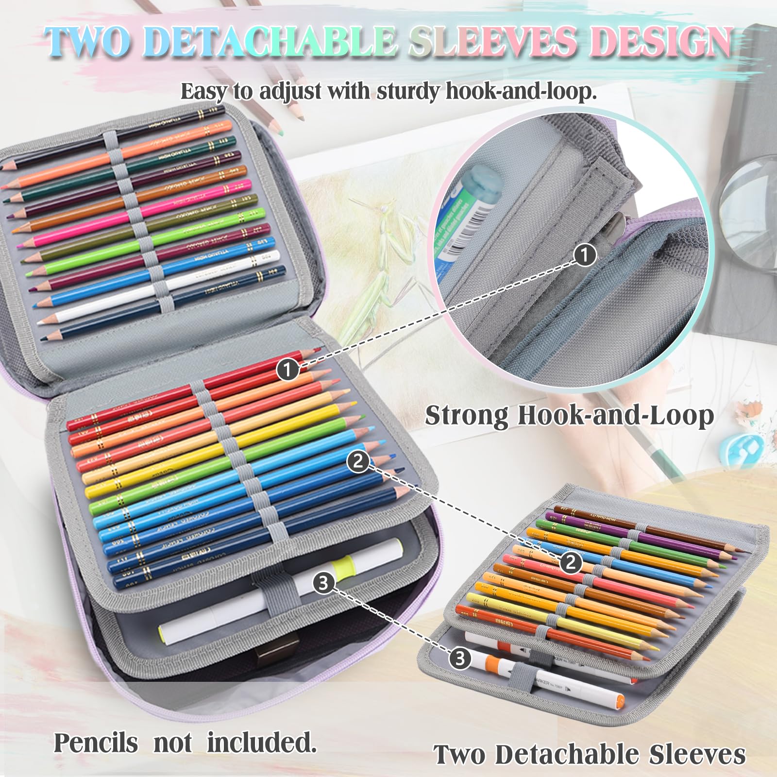 VX VONXURY Large Pencil Case, 54-Slot Colored Pen Pouch 2 Removable Sleeves