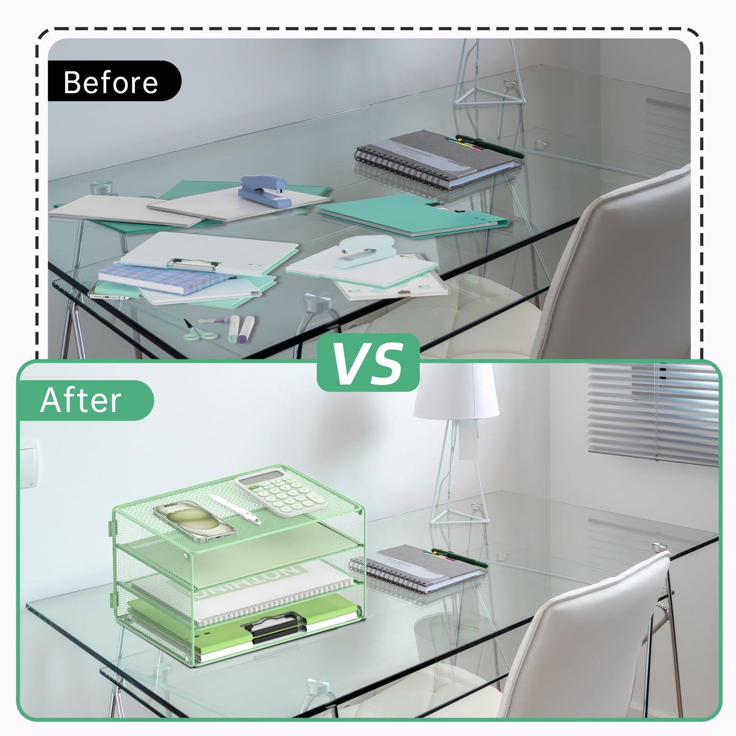 DALTACK 3 Tier Letter Tray Paper Organizer with Sliding Trays Mint Green