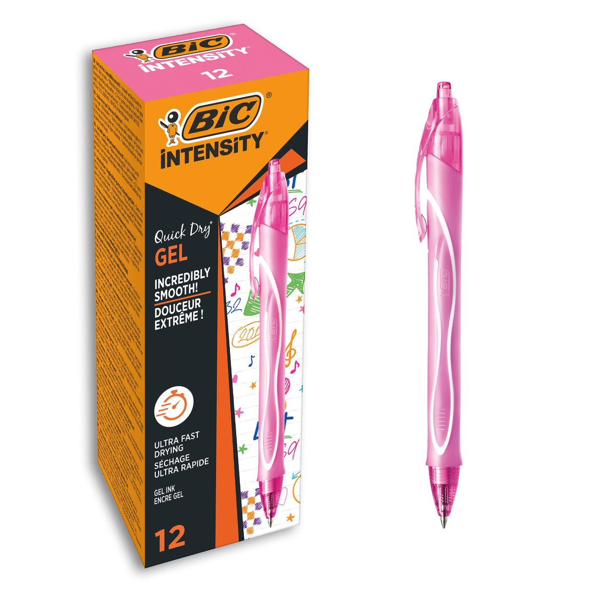 BIC Gel-ocity Quick Dry Gel Pens, Medium Point (0.7 mm), Pink, Box of 12, Retractable Pen with
