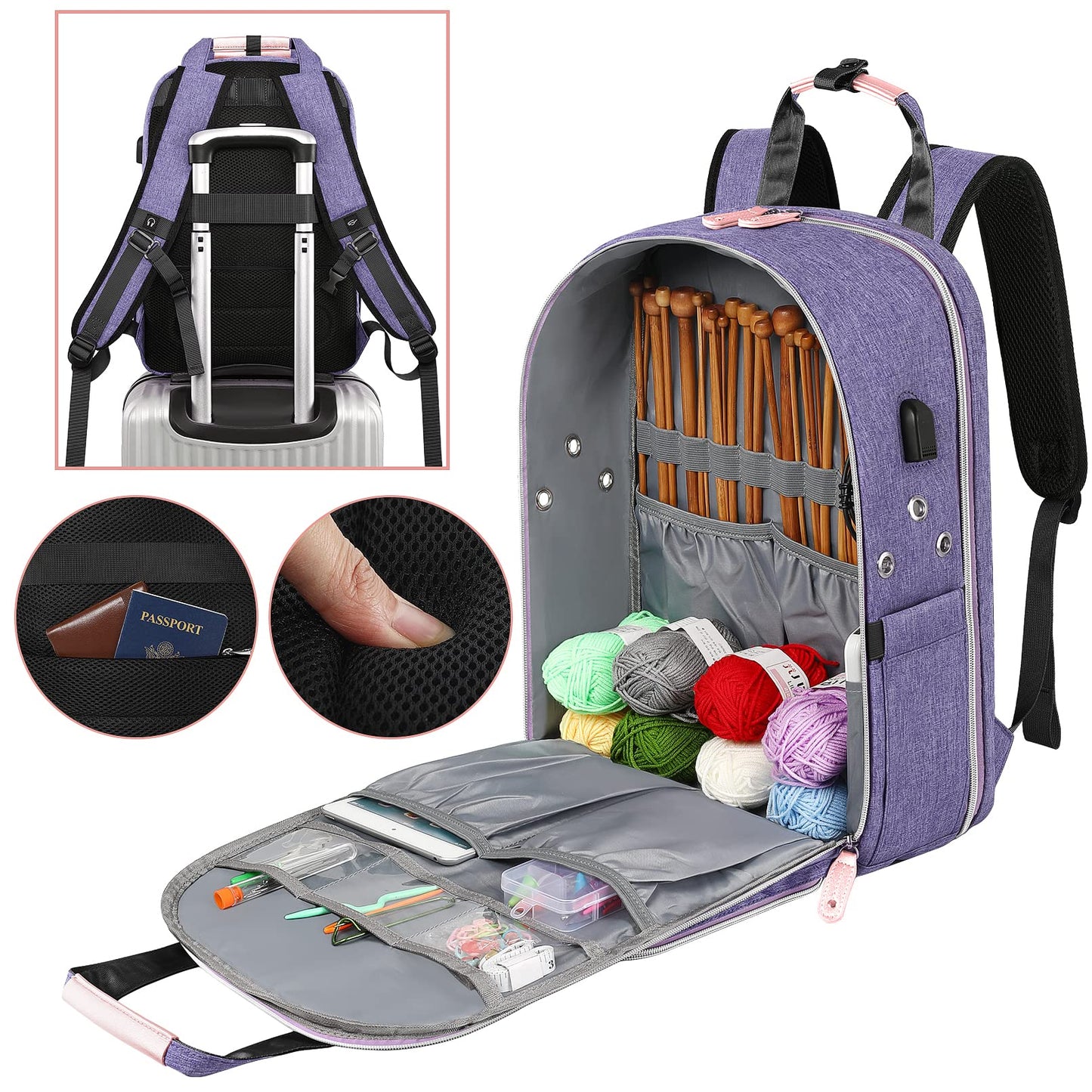 Crochet Bag, Knitting Bag Backpack and Totes Organizer with USB Charging Port, Large Yarn Storage