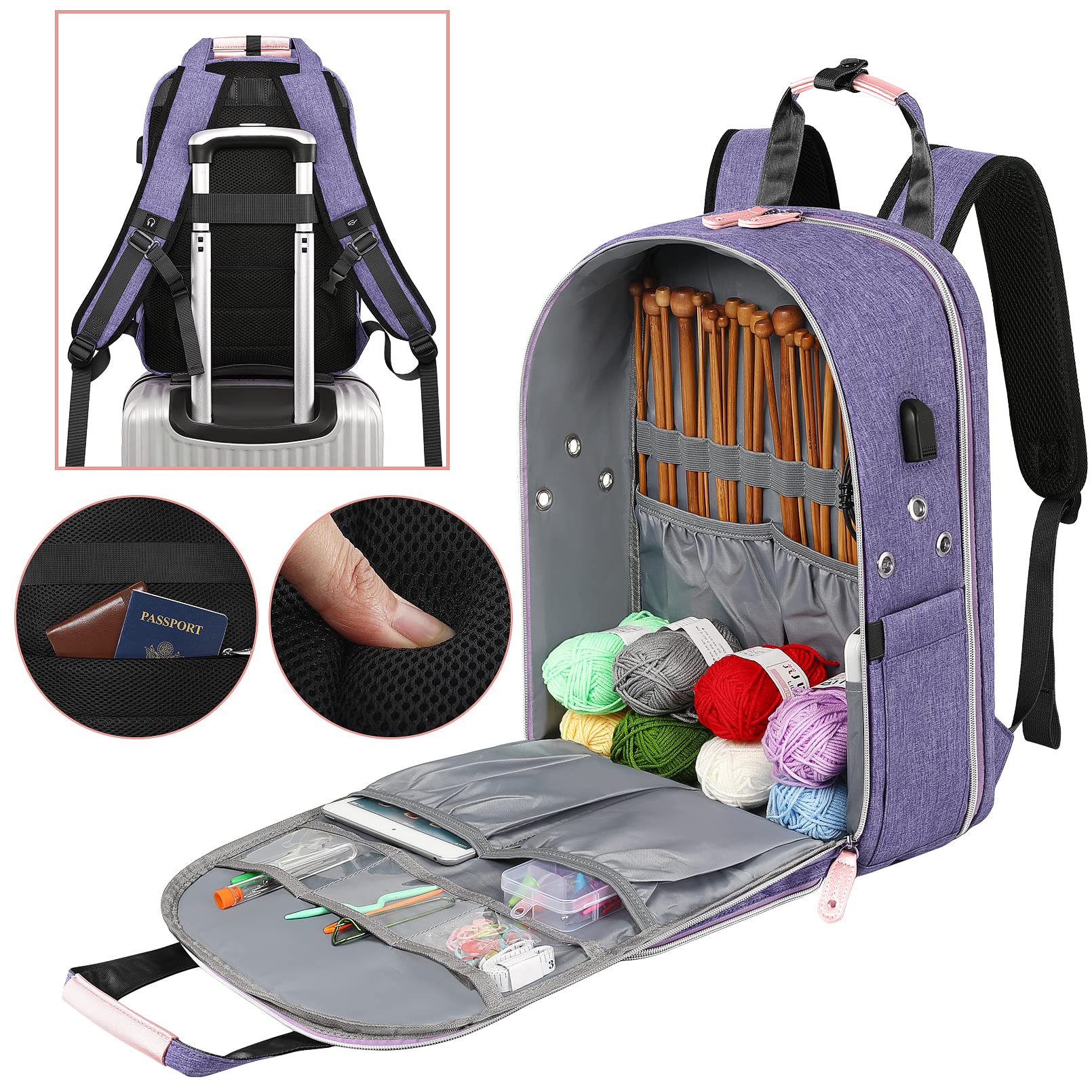 Crochet Bag, Knitting Bag Backpack and Totes Organizer with USB Charging Port, Large Yarn Storage