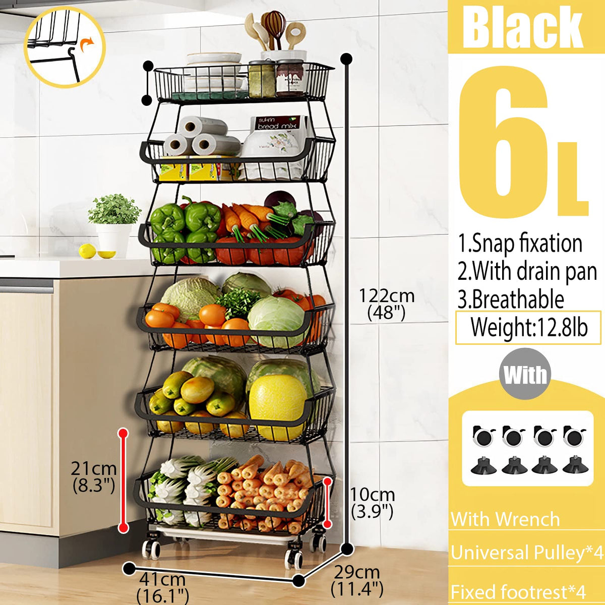 MURRI&MURRDI Fruit Vegetable Storage Baskets with Wheels, 6 Tier Stackable Wire Storage Baskets