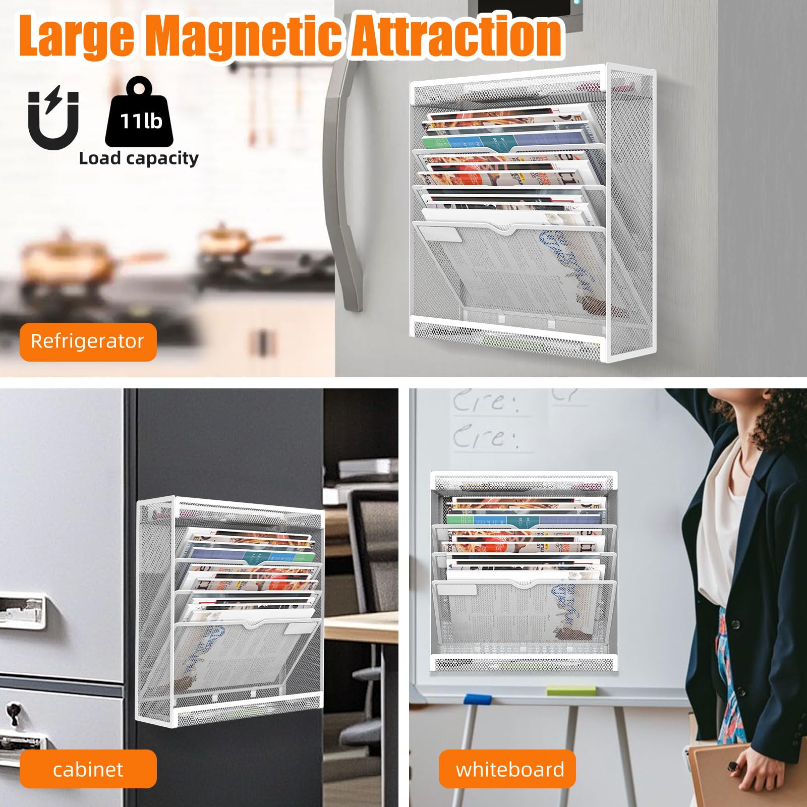 5 Tier Magnetic File Holder, No Drilling Wall File Organizer, Magazine Paper Mail Document
