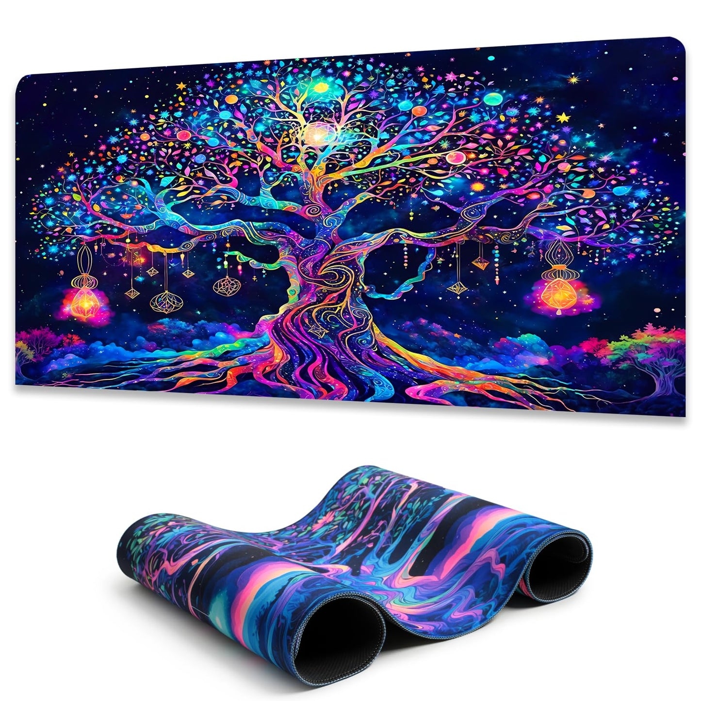 Manicer Colorful Tree of Life Mouse Pad, Blacklight Gaming Extended Large Desk Pad, UV Reactive