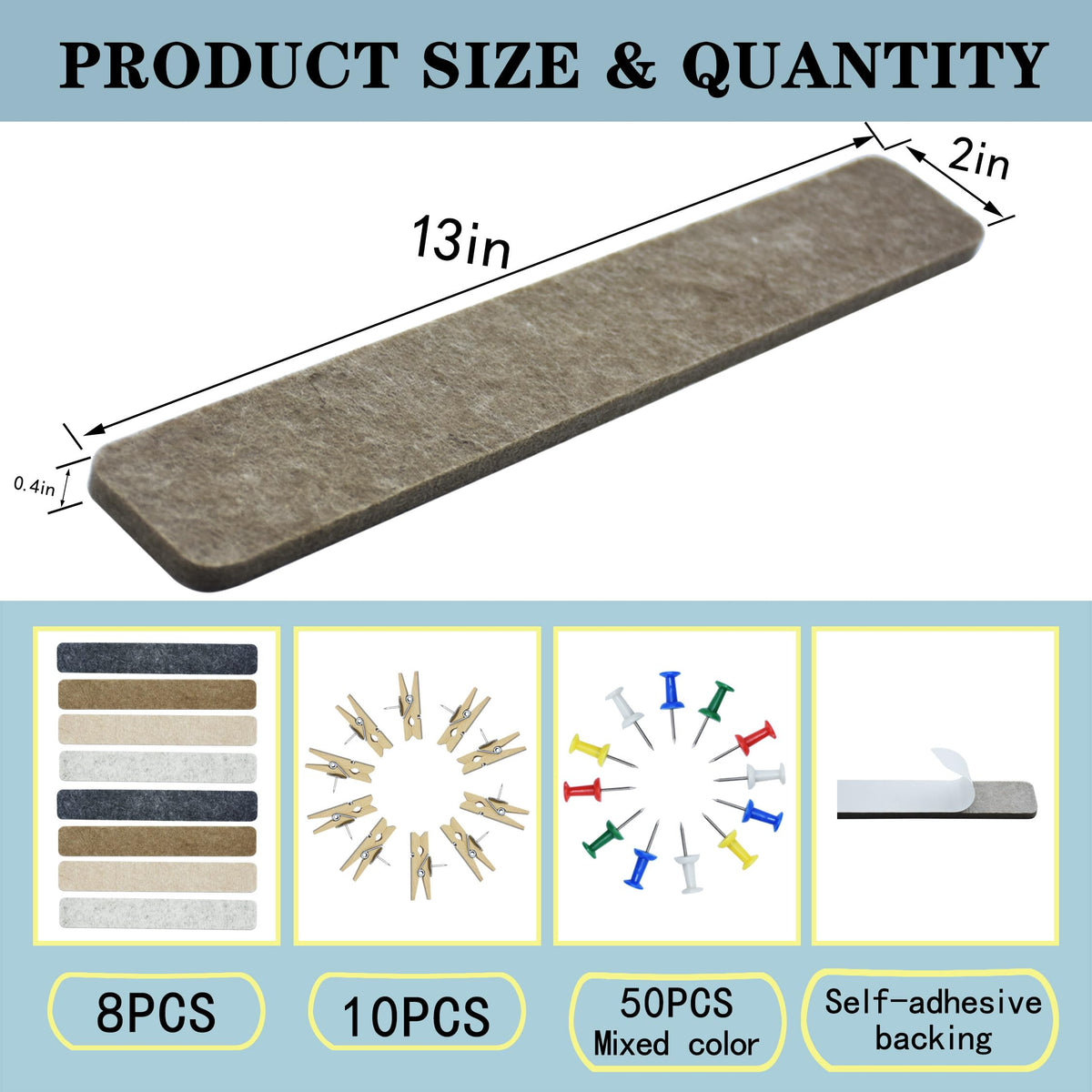 YOUDEFUL 8Pcs Bulletin Board Strip, Felt Cork Board with 50 Pushpins