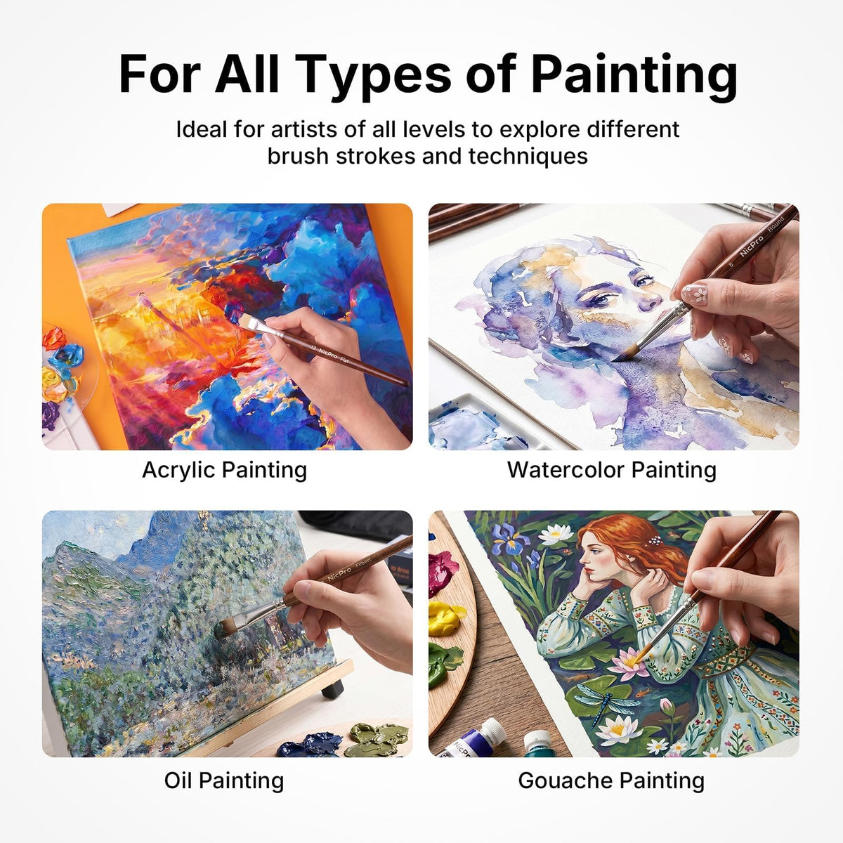 Nicpro 30pcs Paint Brush Set for Acrylic Painting, Oil, Watercolor, Gouache
