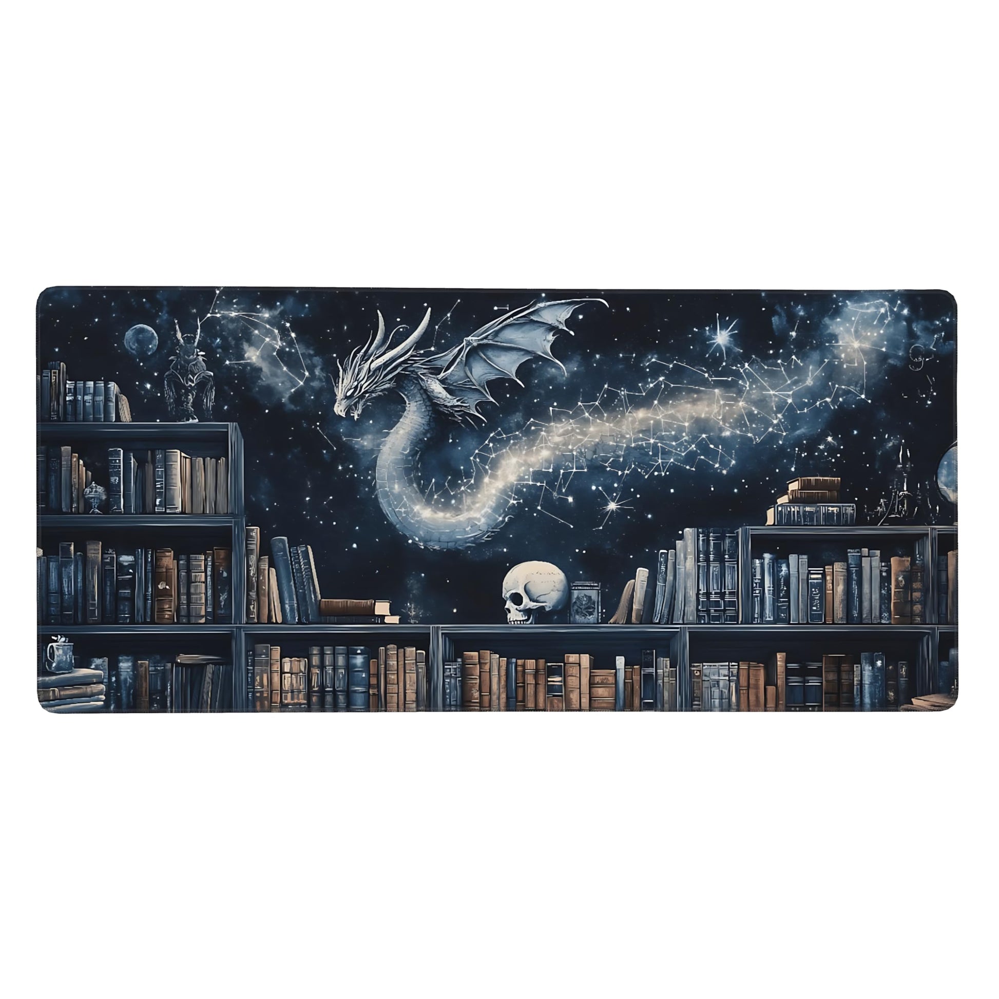 Aesthetic Dragon Gaming Mouse Pad, Black Blue Mystical Desk Mat with Anti-Slip Base & Stitched