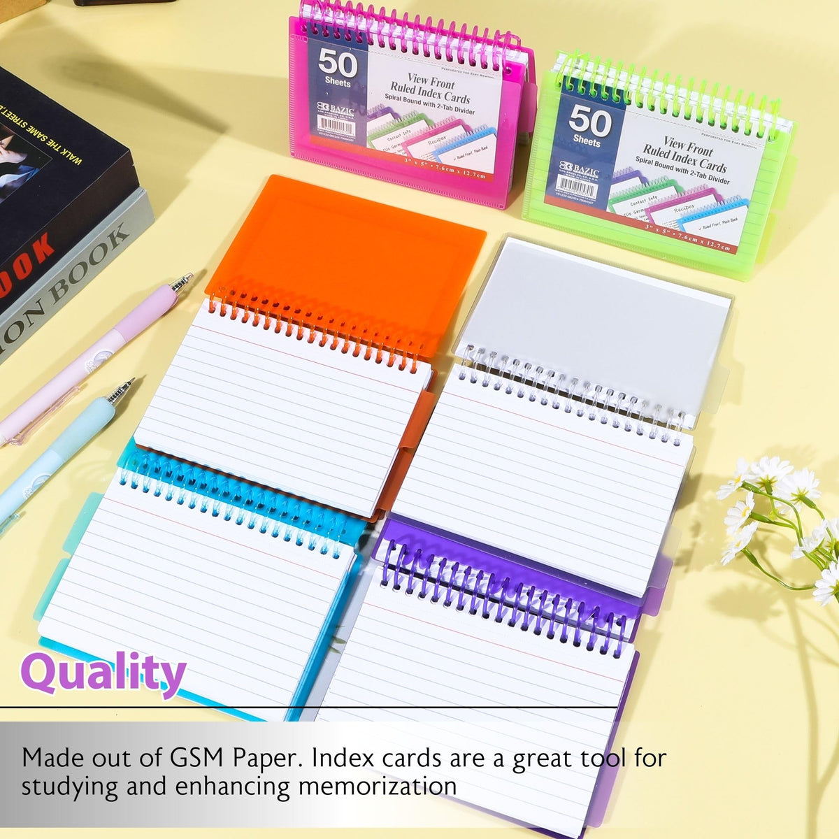 BAZIC Products View Front Spiral Index Cards w/Divider, 3 x 5 in, 24-Case