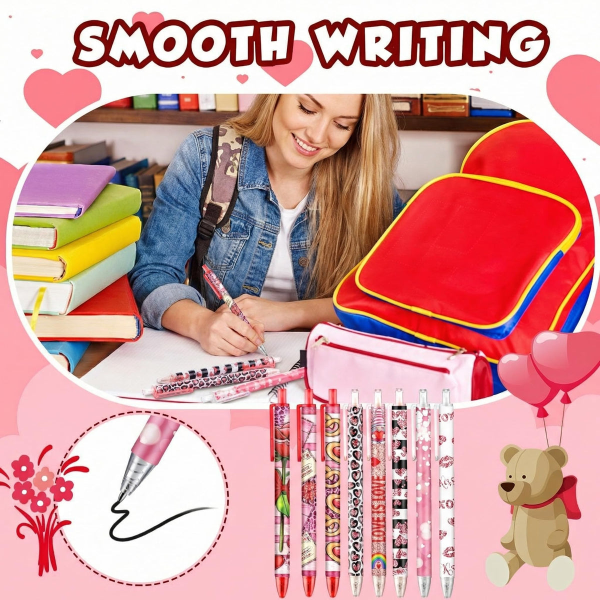 Leinuosen 72 Pcs Valentines Day Pens Bulk Valentine's Day Heart Ballpoint Pens Retractable Black