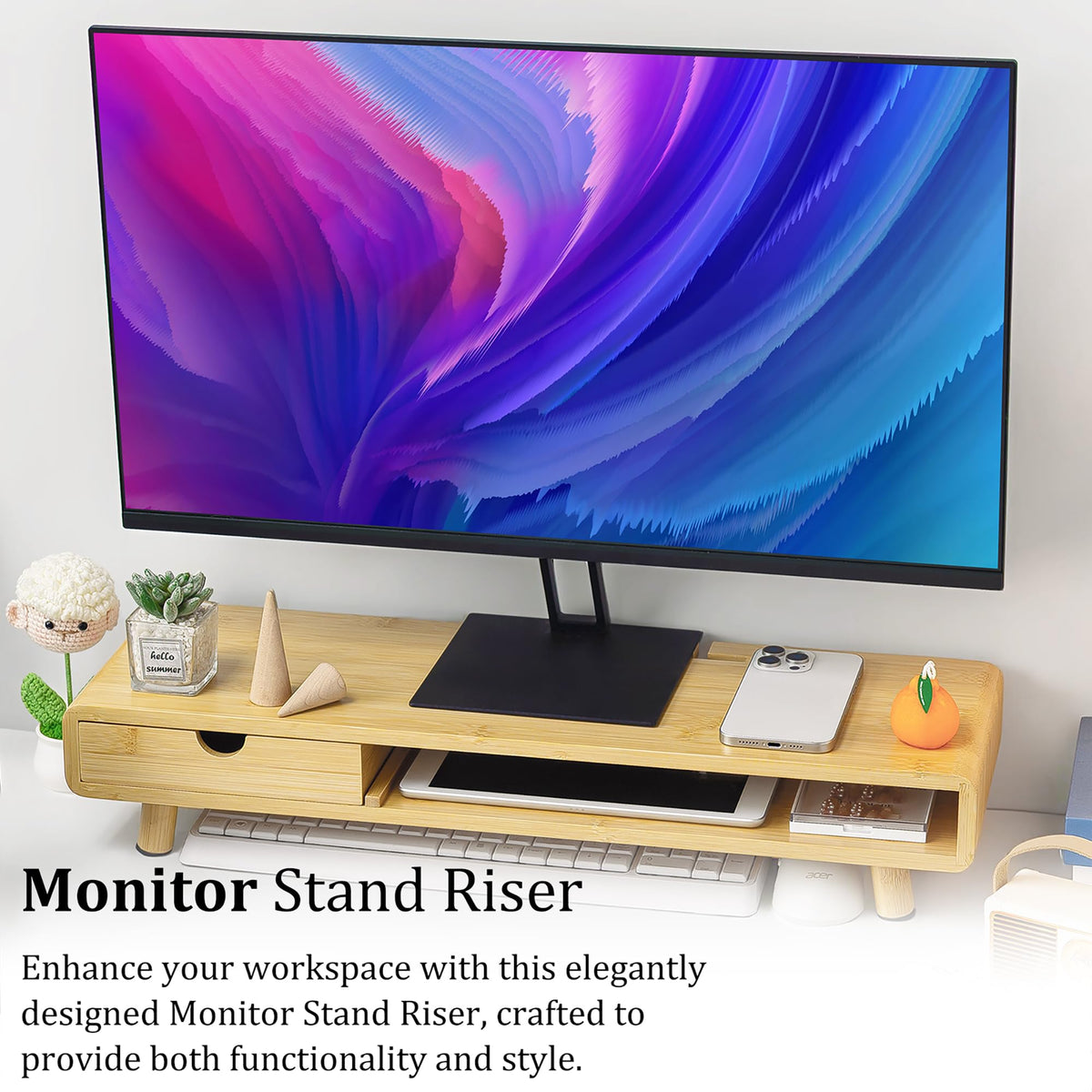 Homerays Monitor Stand with Drawer, Exquisite Computer Monitor Stand for Desk, Ergonomic Wood