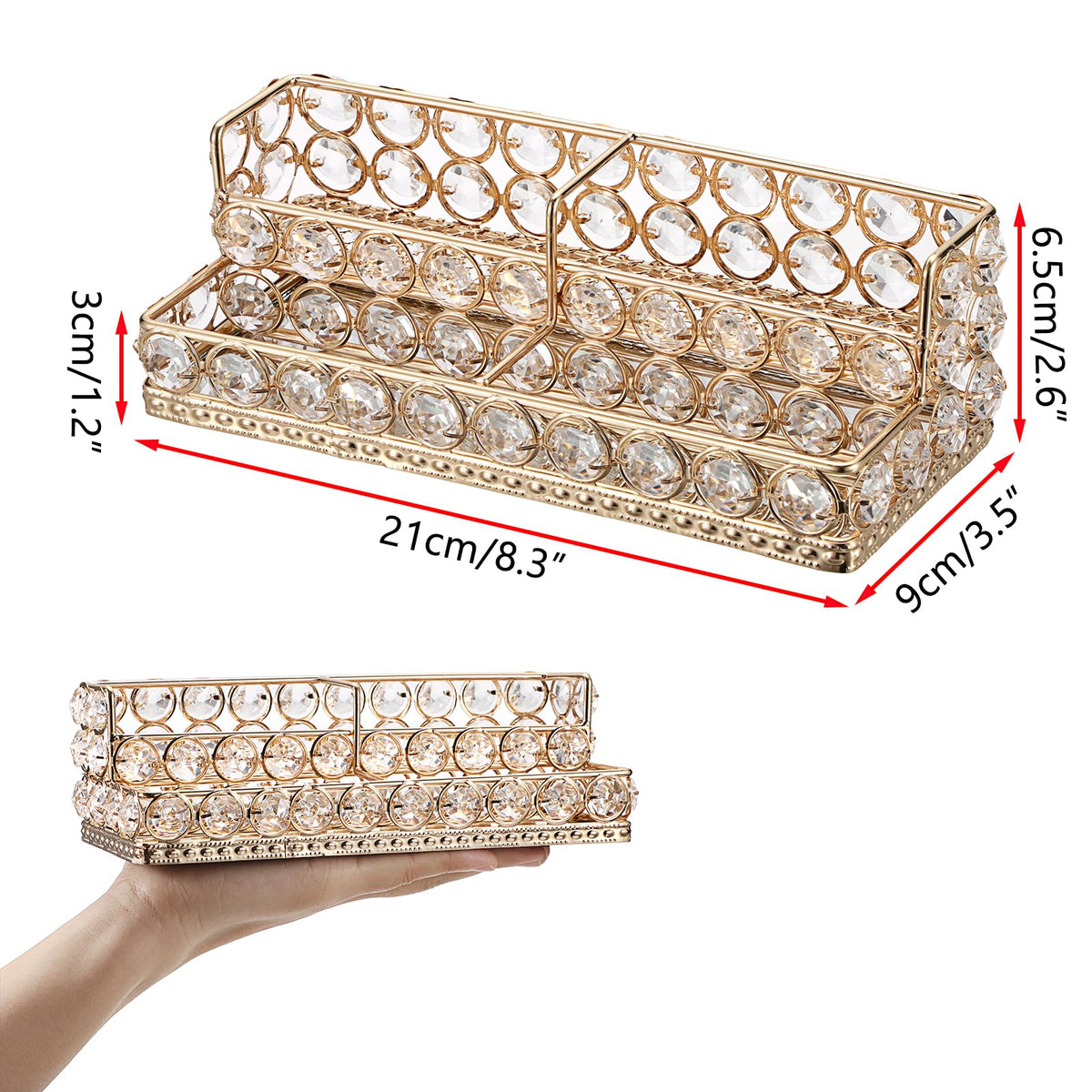 Hipiwe 2 Tiers Business Card Holder Gold Business Card Display Stand with 4 Slots Crystal Name Card