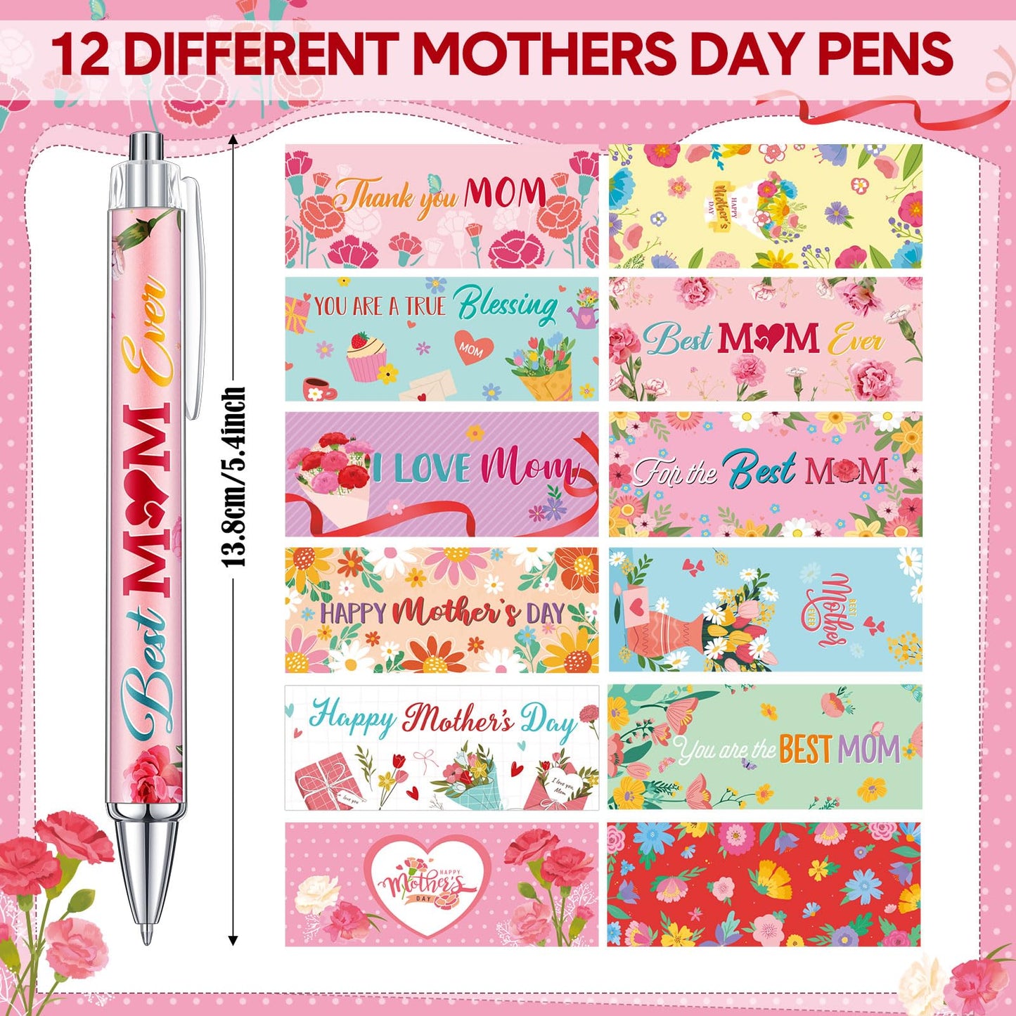 Cholemy 48 Pcs Mother's Day Ballpoint Pens Bulk Flower Happy Mother's Day Writing Pens Best Mom