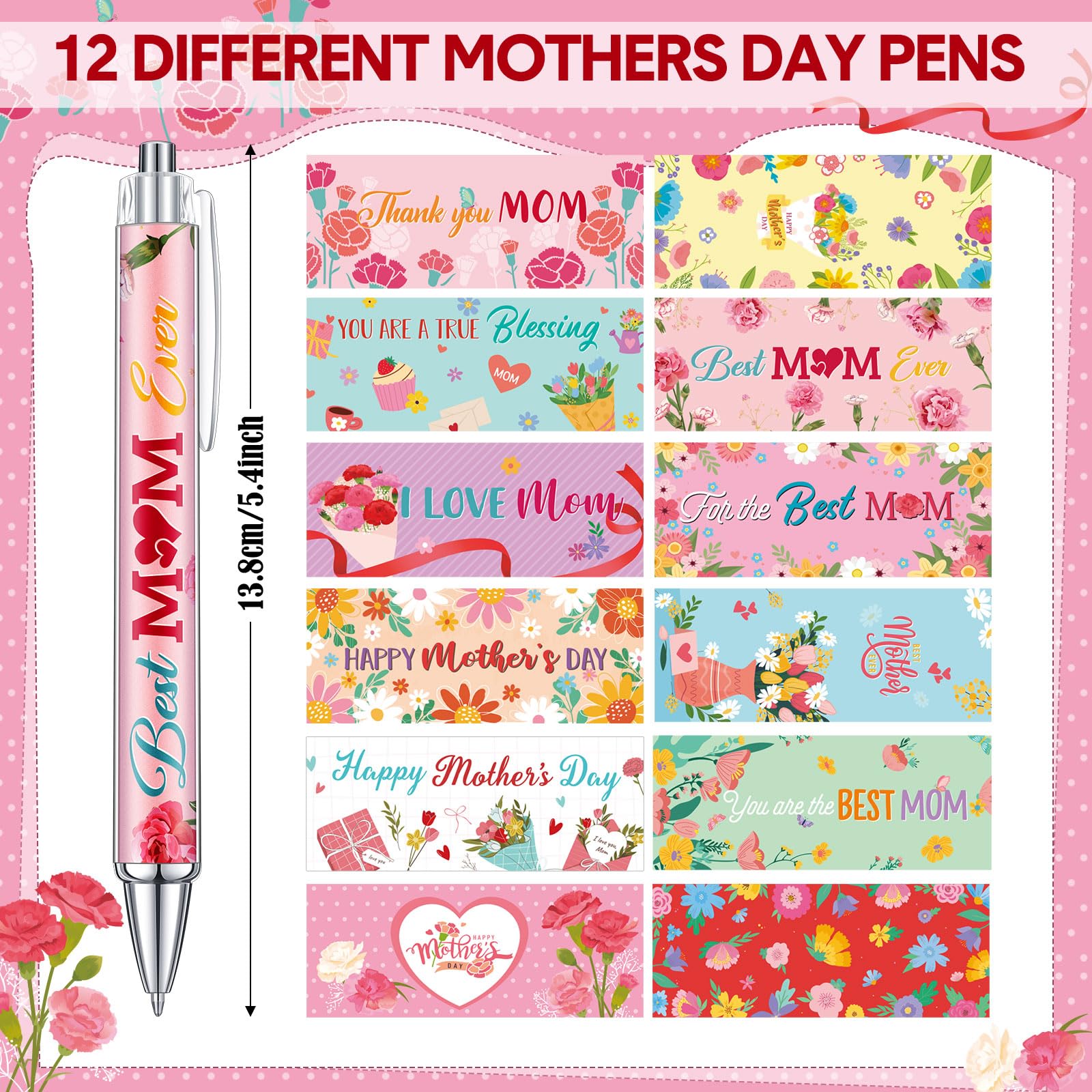 Cholemy 48 Pcs Mother's Day Ballpoint Pens Bulk Flower Happy Mother's Day Writing Pens Best Mom
