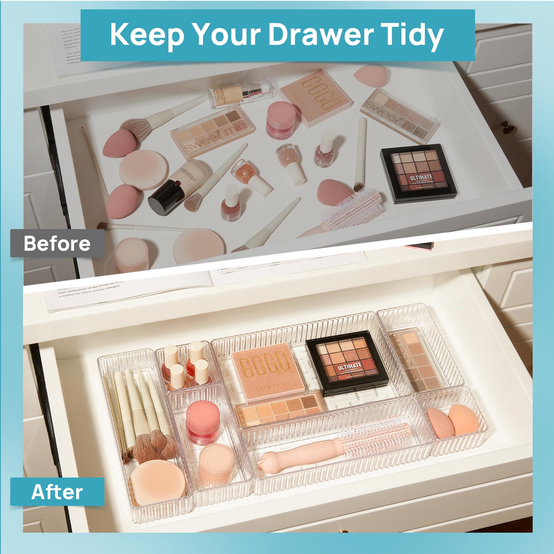 Vtopmart 7 PCS Clear Makeup Drawer Organizers Bins, 4-Size Stackable Makeup and Vanity Organizer