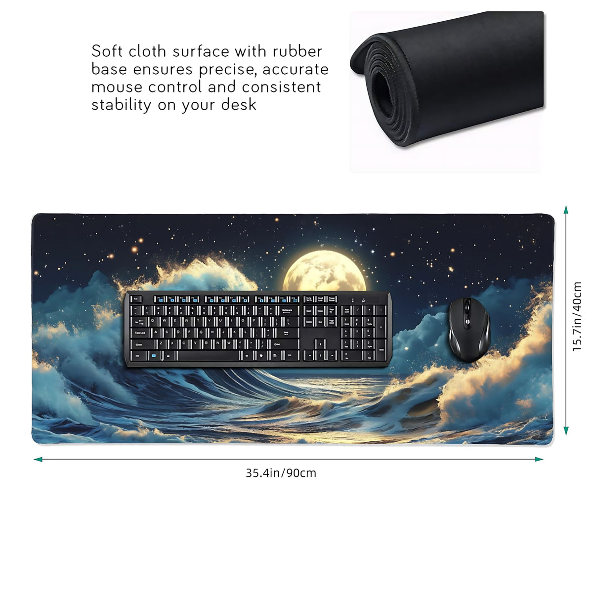 Aesthetic Kanagawa Great Wave Gaming Mouse Pad, Deep Blue Japanese Desk Mat with Anti-Slip Base &