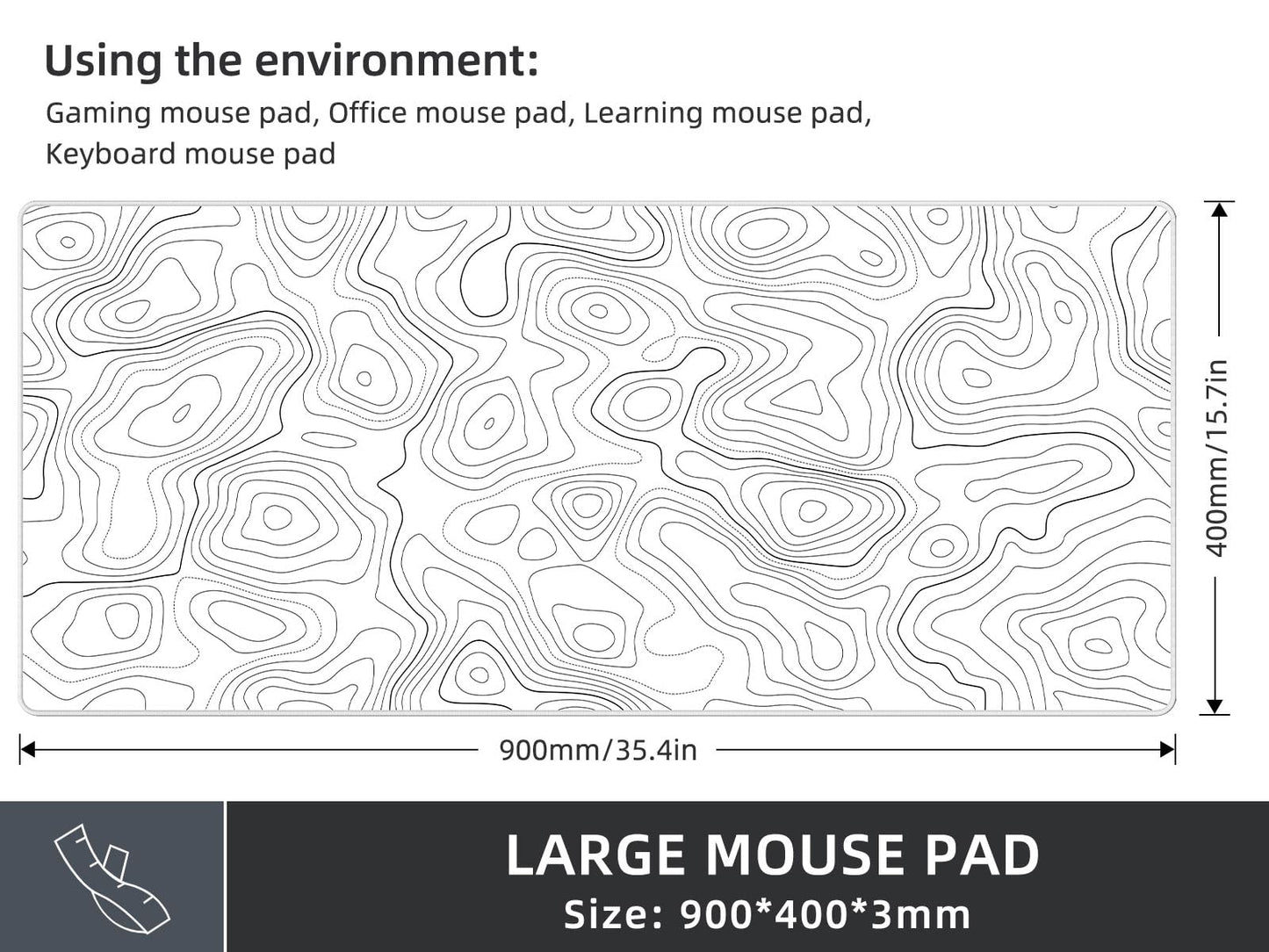 Rinaze Extra Large Gaming Mouse Pad with White Topographic, XXL Mousepad, Big Mouse Mat Desk Pad