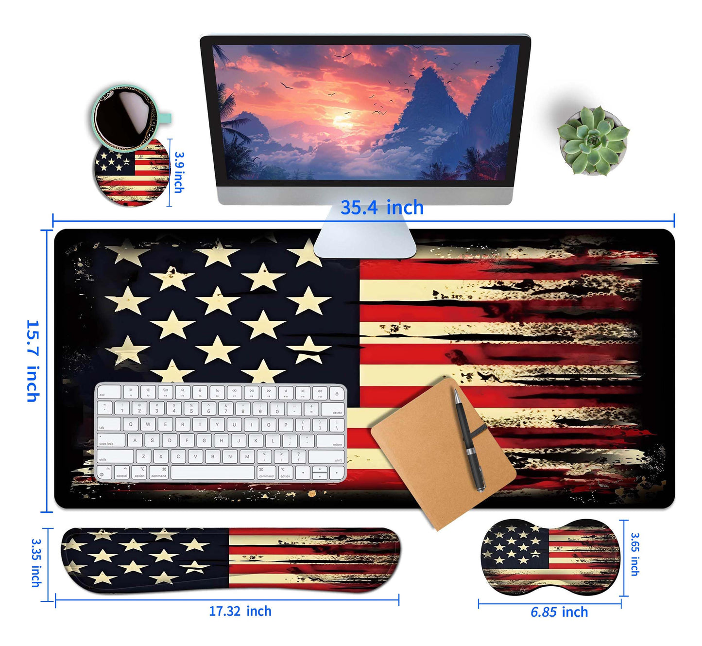 HaoSiTeck 4-Piece Extended Large Mouse Pad Set for Women Men with Retro Flag Design Includes 35.4 x