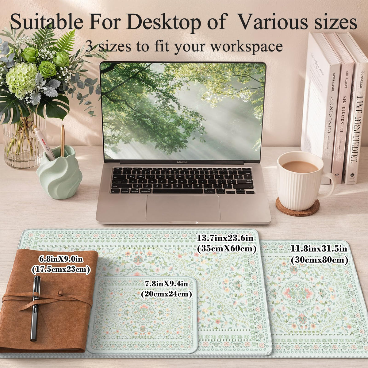 HAOCOO Light Green Floral Deskmat, 31.5" x 11.8" Mousepad for Dorm Room