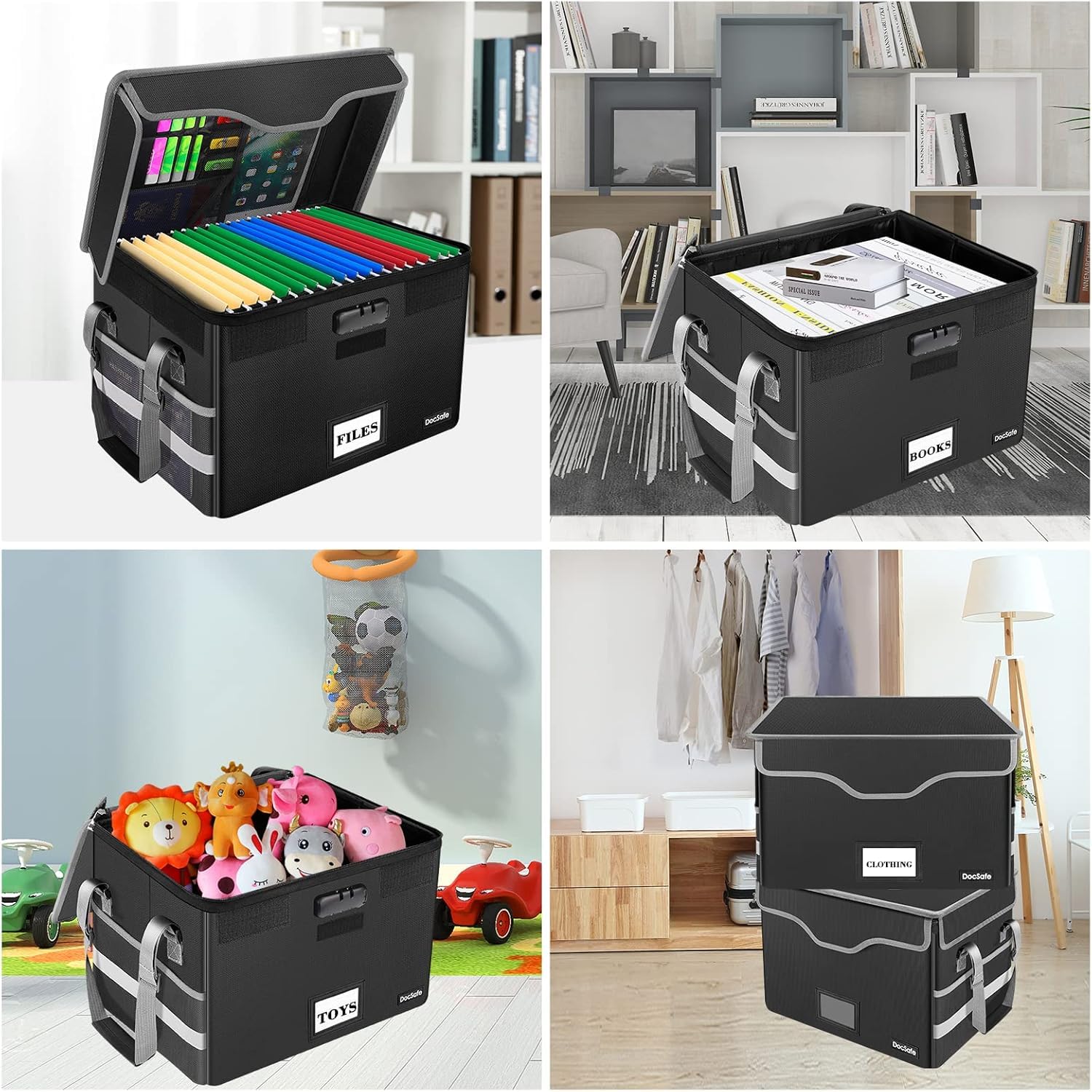 DocSafe Fireproof Document Box with Lock,File Storage Organizer with Pockets,Collapsible Portable