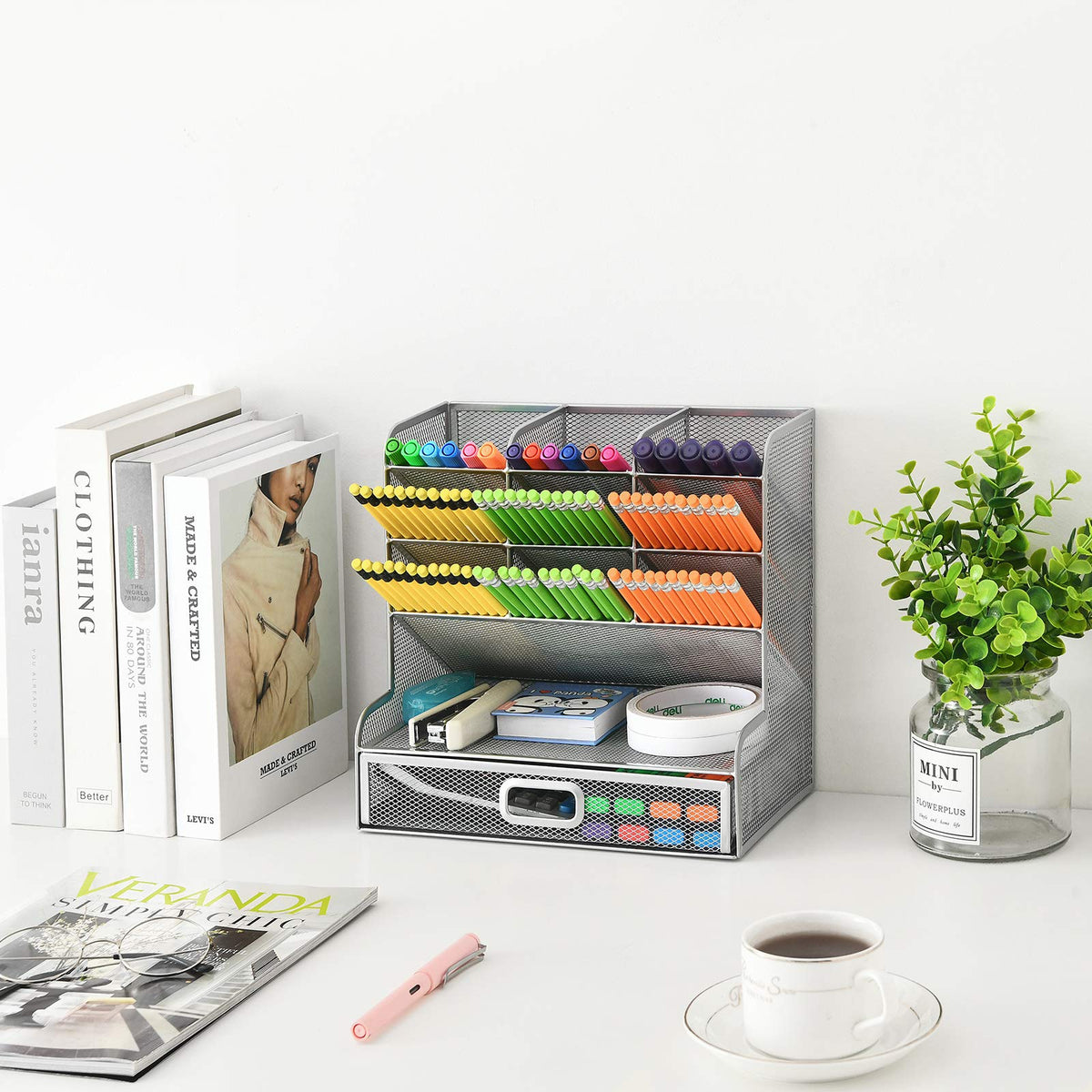 Marbrasse Larger Mesh Desk Organizer with Drawer, Multi-Functional Pen Pencil Holder, Desk