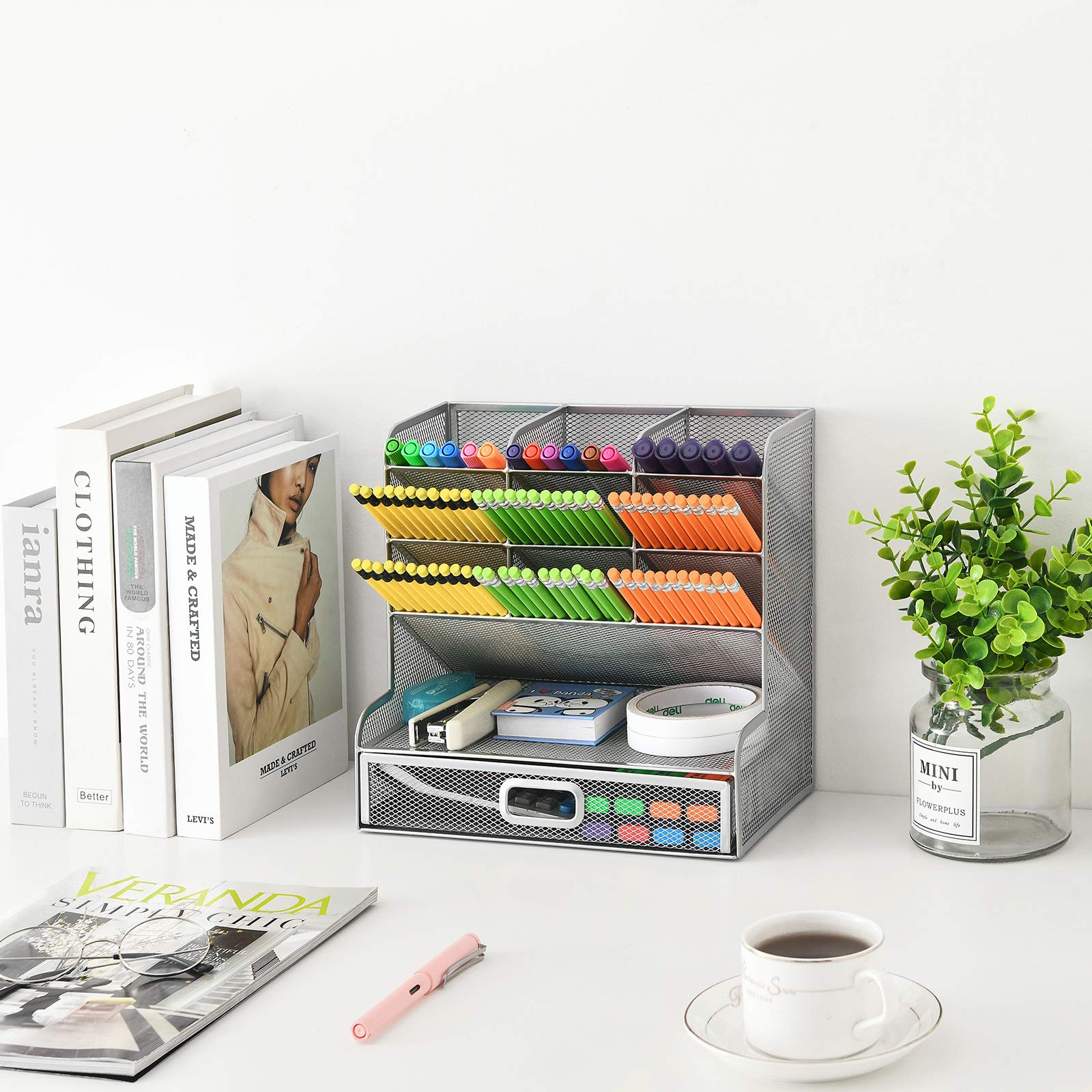 Marbrasse Larger Mesh Desk Organizer with Drawer, Multi-Functional Pen Pencil Holder, Desk