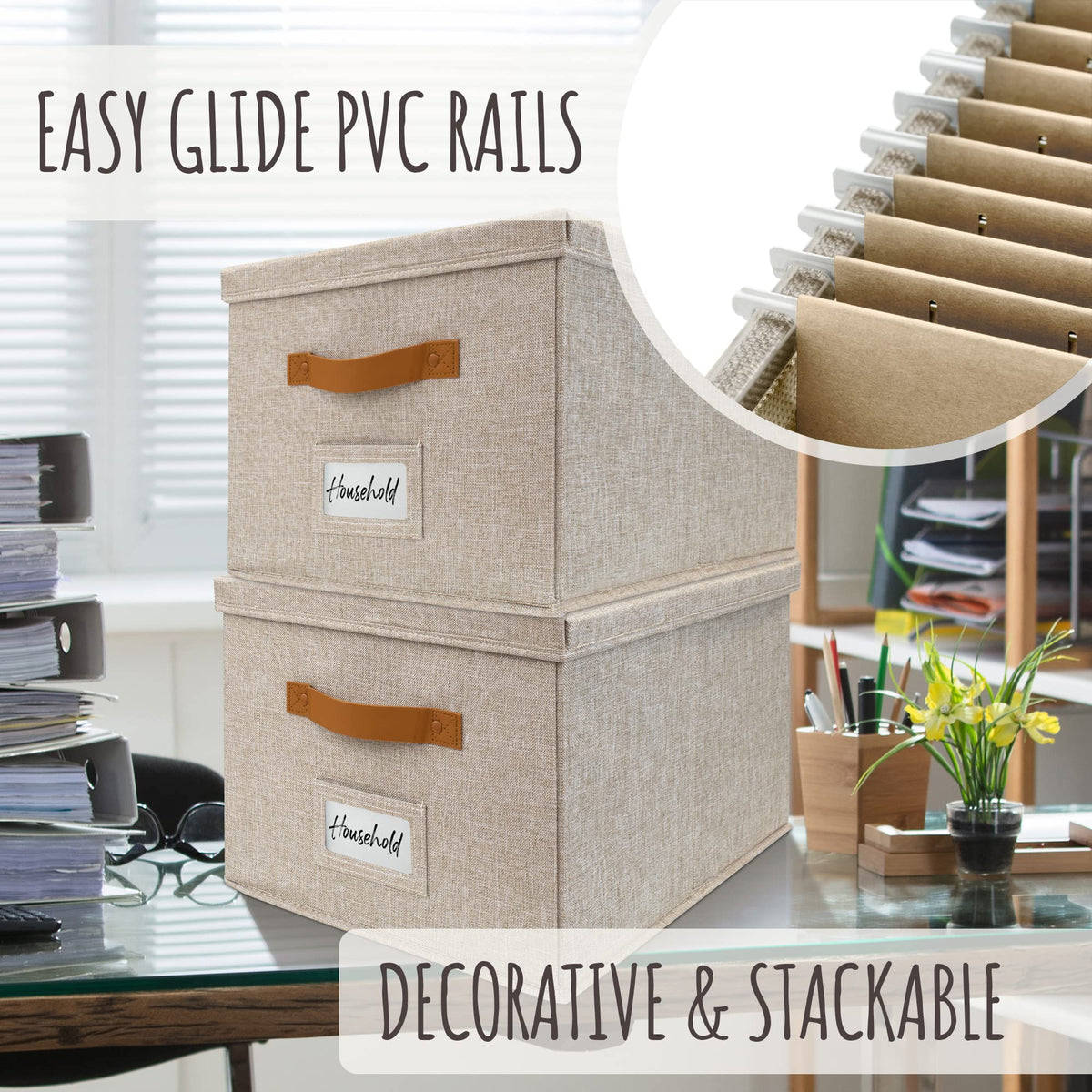 Decorative File Organizer Box Set of 2 - Collapsible Linen Filing Cabinets