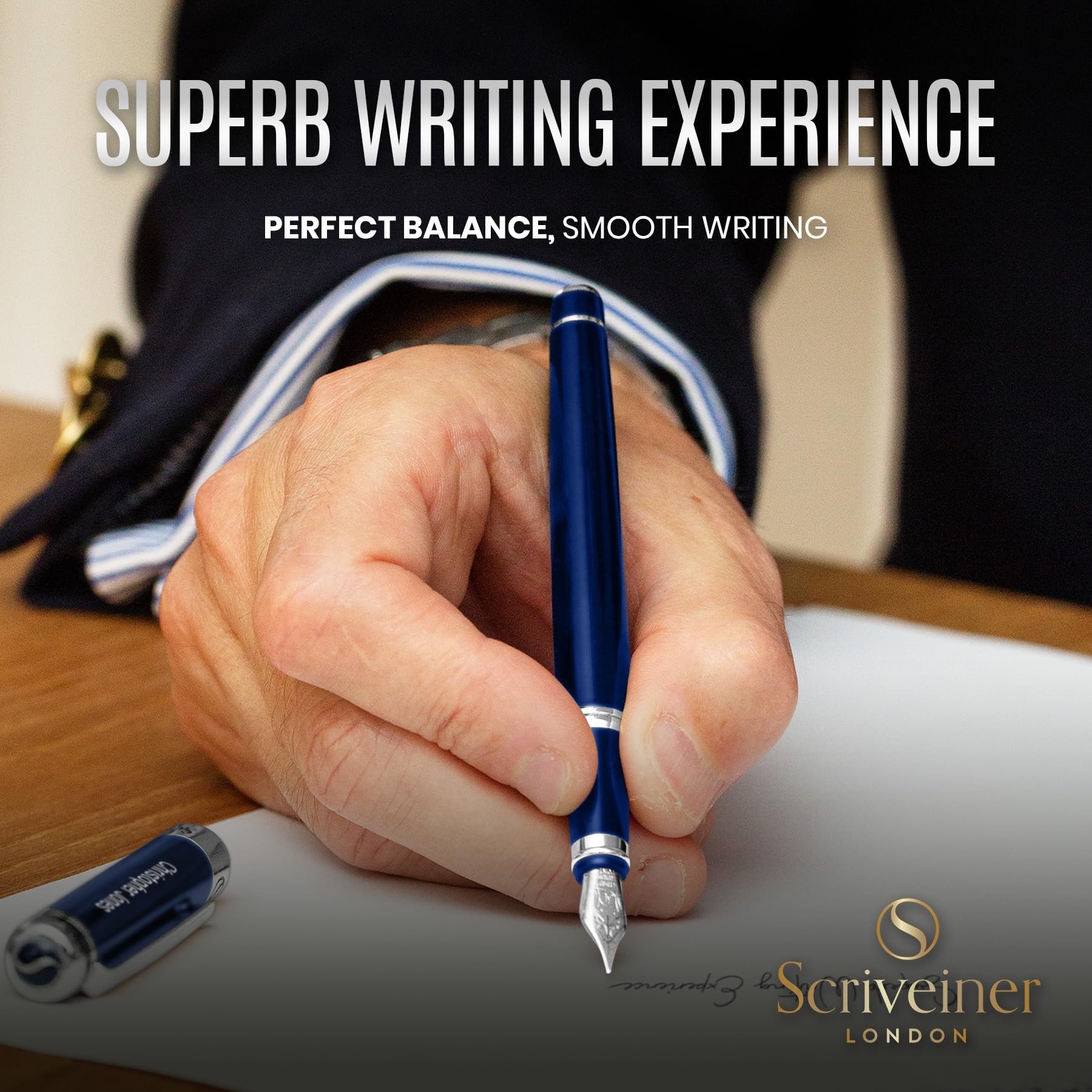 Scriveiner Personalized Midnight Blue Fountain Pen - Stunning Blue Lacquer Luxury Pen, Chrome
