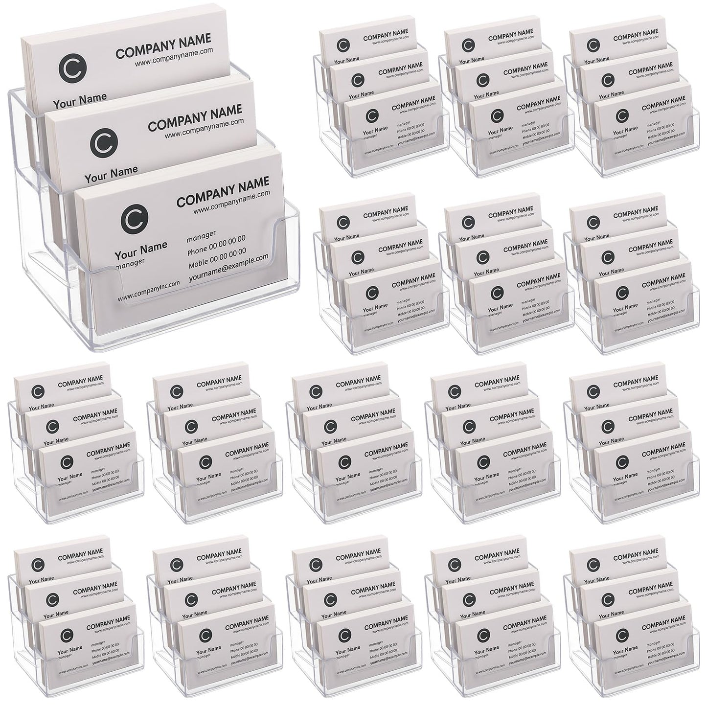 TecUnite 16 Pieces Business Card Holder for Desk 3 Tier Clear Acrylic Stand