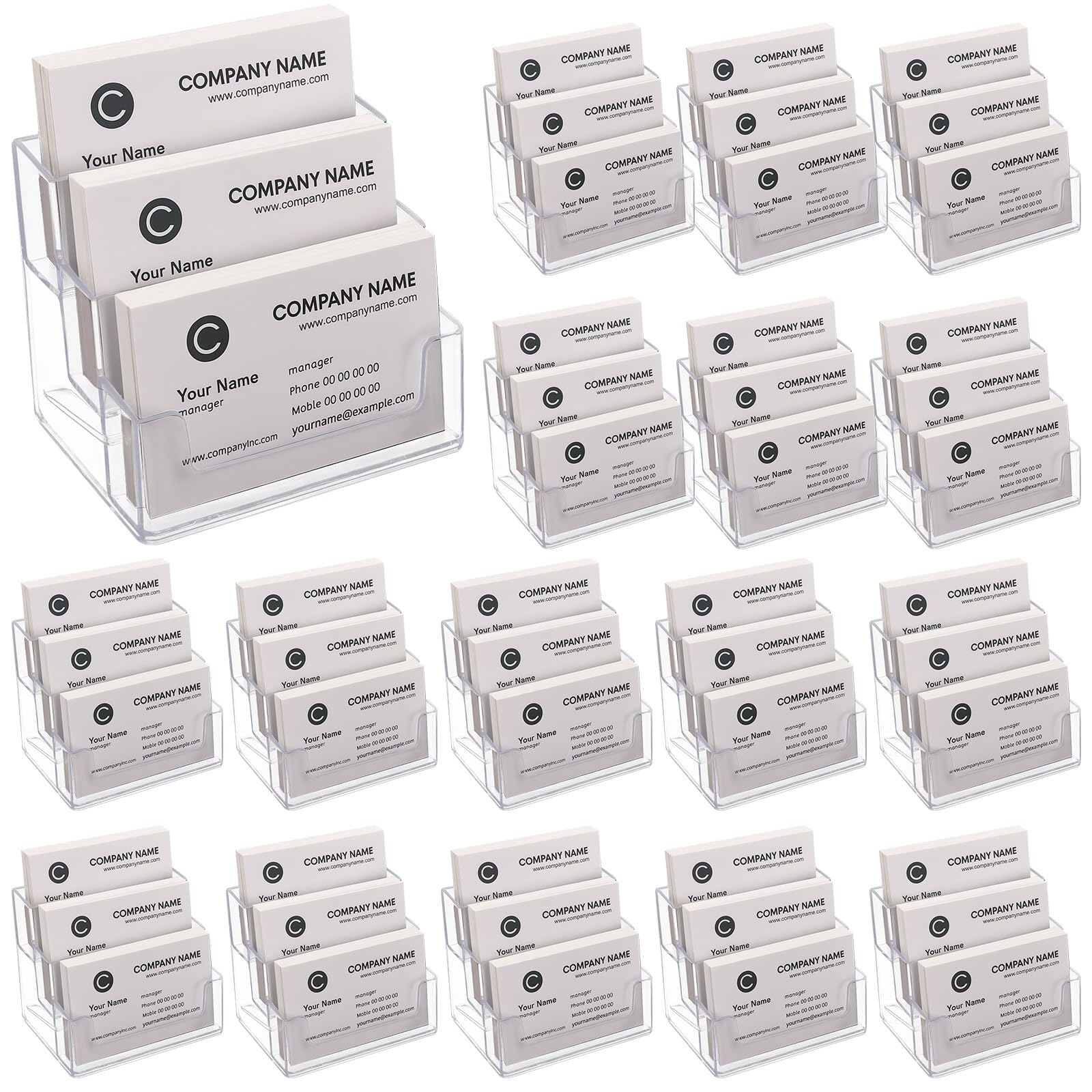 TecUnite 16 Pieces Business Card Holder for Desk 3 Tier Clear Acrylic Stand