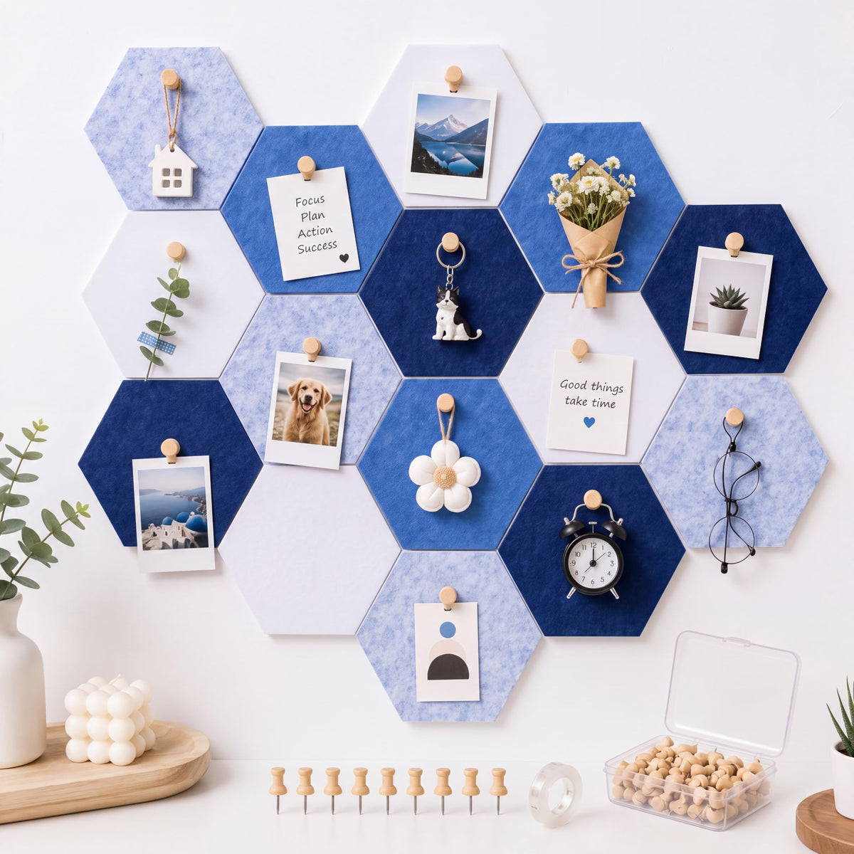 6.7 x 5.9 in 16 Pcs Hexagon Cork Board Tiles, Felt Pin Boards, Blue